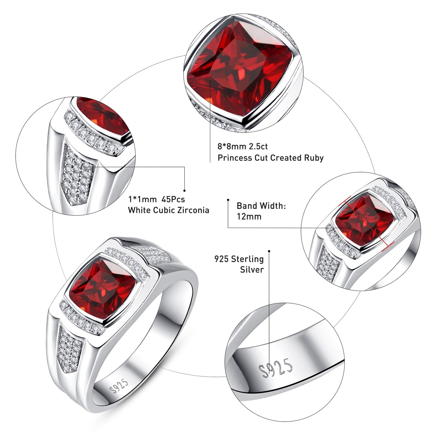 Yaresul Rubinring für Herren, Silberring für Herren, Rubinring für Herren, Ring mit rotem Stein für Männer, 925er Sterlingsilber, Herrenring mit Prinzessschliff, Ehering für Herren, Geburtssteinring für Juli, Geschenk für Papa, Größe 10