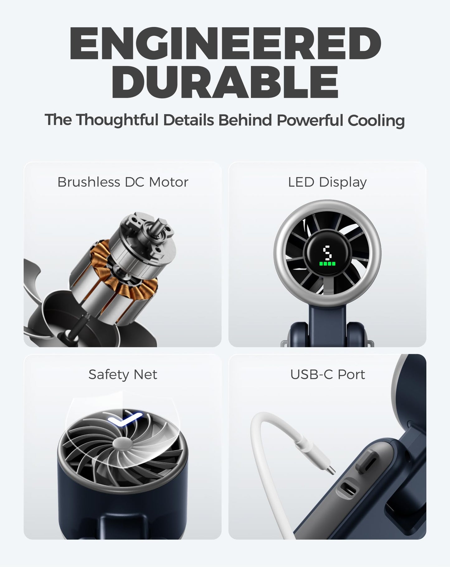 Diveblues Portable Handheld Turbo Fan, 5 Gear Wind, Battery Operated, Up to 12 Working Hours, 3 IN 1 Hand Fan with Air Turbo Tech Cooling Fan for Outdoor Activities, Travel, Working, Silvery white