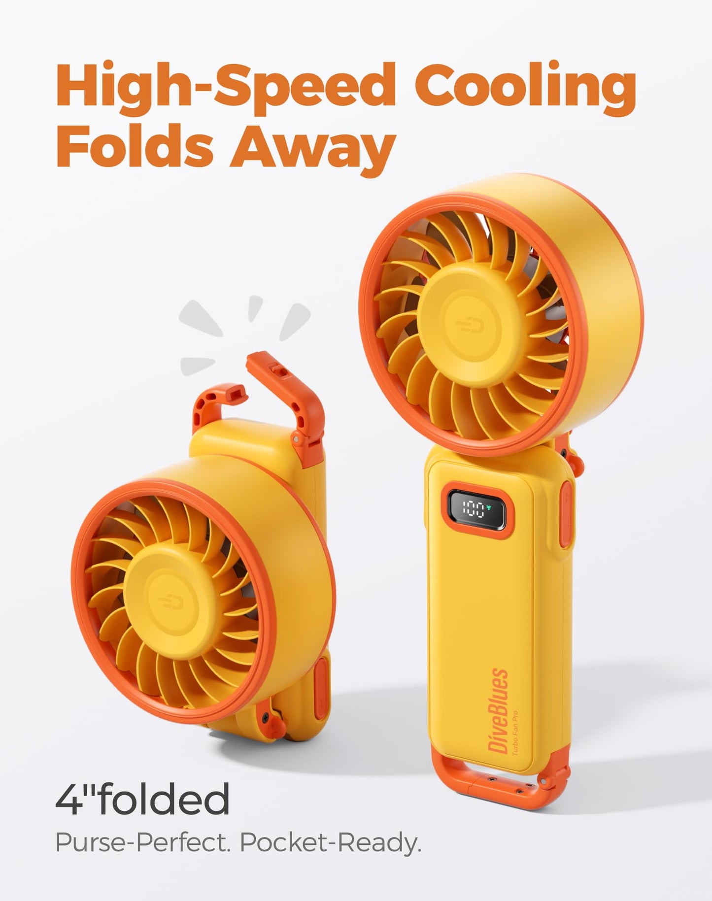 Diveblues Portable Handheld Fan D6036 Cream | 7.4m/s High Speed Turbo, 180° Foldable 4-in-1, Personal Neck Fan with Carabiner Clip, 100 Speed Stepless Control