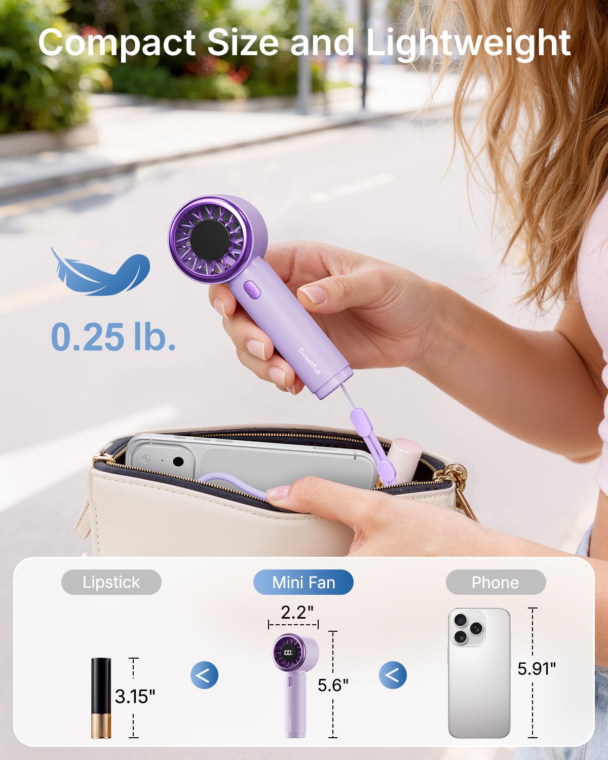 SWEETFULL Mini Fan Portable - Cute Handheld Turbo Fan with Rechargeable Battery, 5 Speeds, Small Hand Personal Travel Essentials for Women, Girls, Kids, Lash, Makeup - Pink