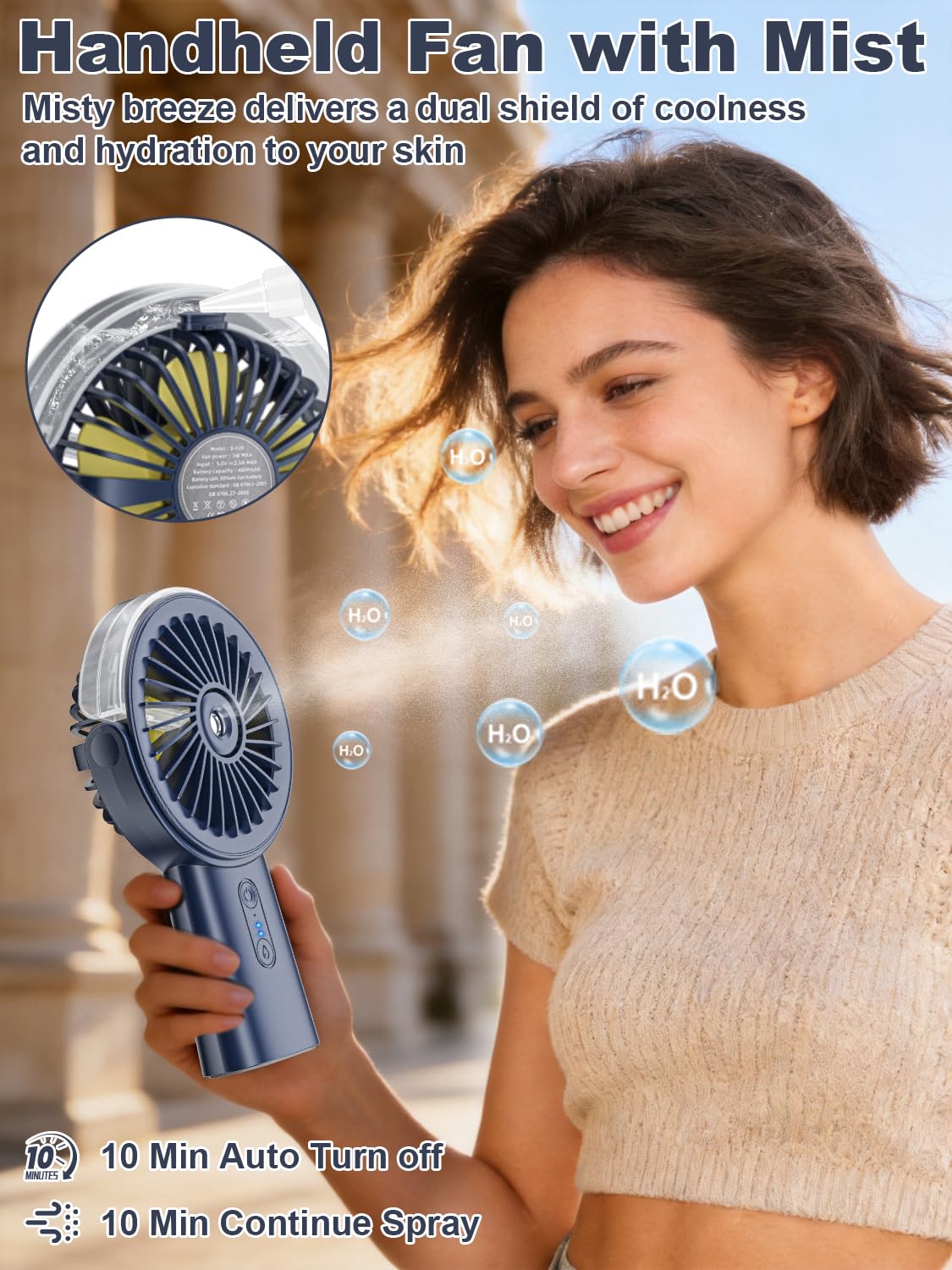 Handventilator Akku Aufladbar mit Wasserkühlung, 6000mAh Tragbarer Mini Ventilator mit 3 Gänge, Ventilatoren Leise Klein mit 4–18 Laufzeit, Portable USB Hand Fan für Sommer, Reise, Outdoor, Blau