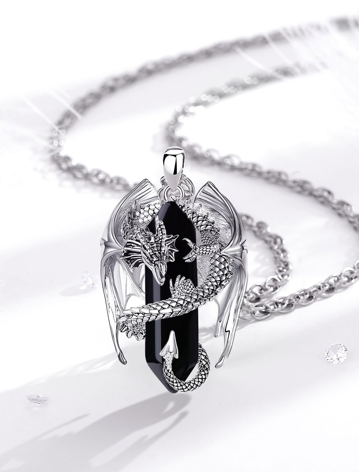 INFUSEU Drachen Kette, Kristall Halskette Nordischer Drache Eingewickelter Zylinder Edelstein Schwarzer Vintage Obsidian Anhänger Sechseckiger Heilkristall Gothic Geschenk für Männer Frauen