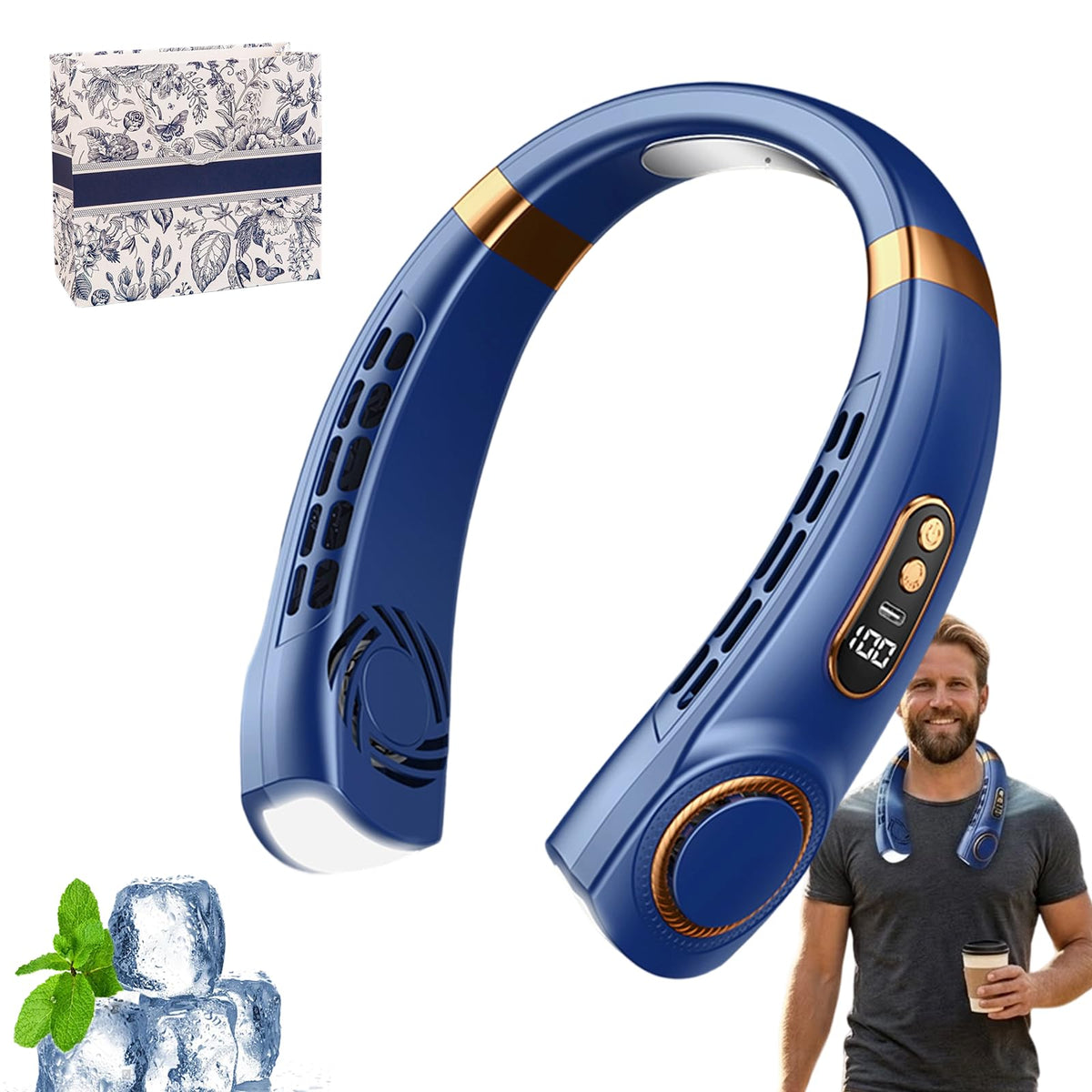 Nackenventilator, Nackenventilator mit Kühlung 5 Leise Geschwindigkeiten, Tragbarer Nackenventilator mit Display und LED-Licht in 7 Farben, Hals Ventilator für Sommer Küche, Unterwegs (Weiß)