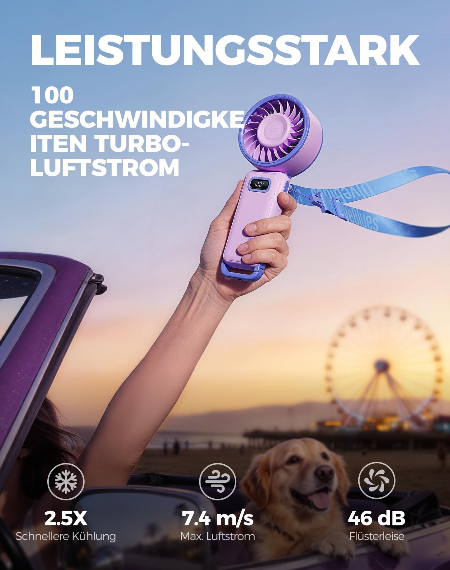 Diveblues Handventilator Tragbarer Turbo-Ventilator mit 100 Stufen und 7,4m/s Starkem Luftstrom, 180° Faltbarer 4-in-1 Mini-Ventilator für Hand, Hals und Tisch, Aufladbar für Sommer, Reise und Outdoor