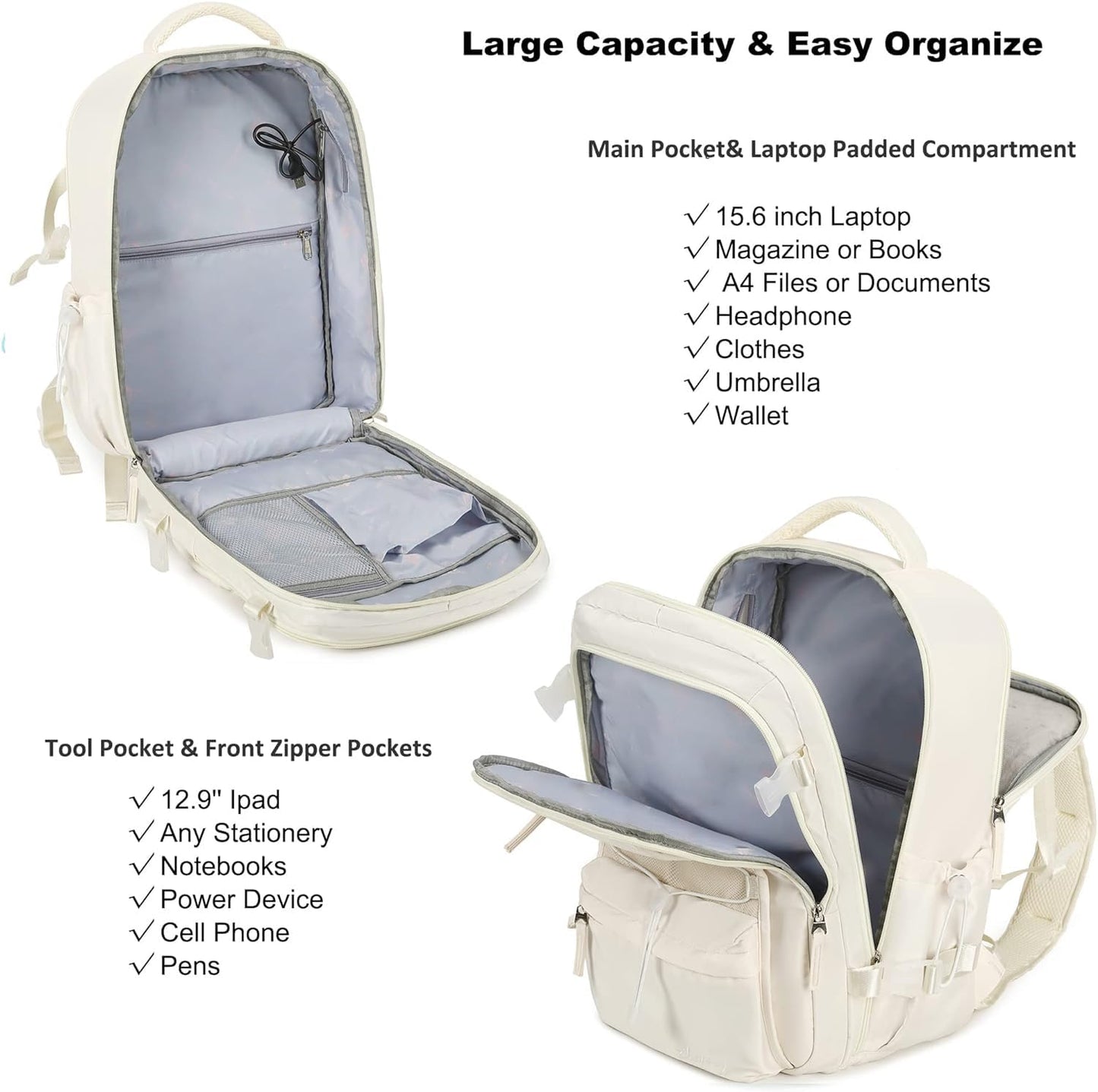 Reiserucksack für Damen und Herren, 15,6-Zoll-Laptop-Rucksäcke mit USB-Anschluss, Handgepäck-Rucksack, flugzugelassen, großer Rucksack, College-Büchertasche, Outdoor-Sport-Wanderrucksack, lässiger Tagesrucksack (weiß)