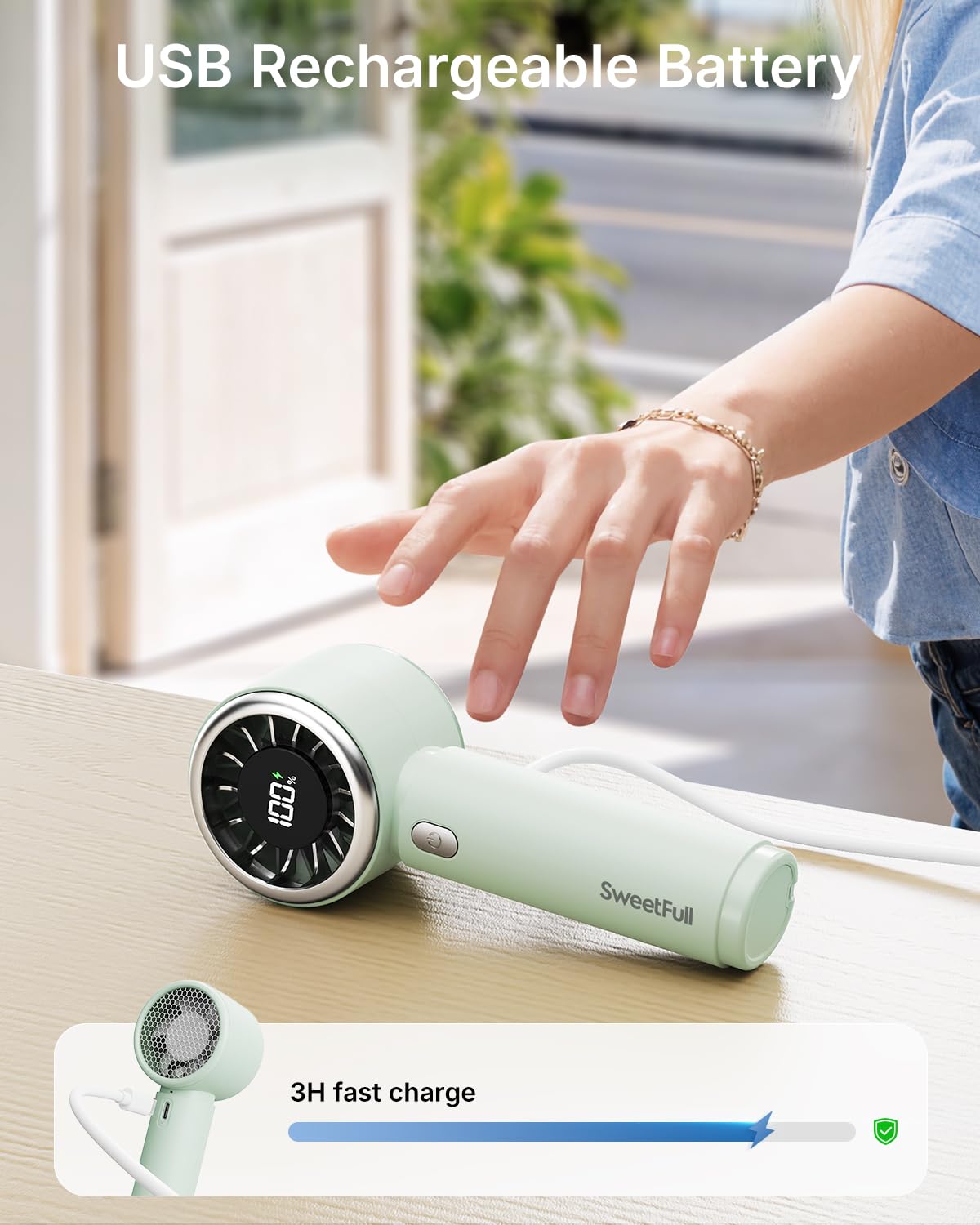 SWEETFULL Mini Fan Portable - Cute Handheld Turbo Fan with Rechargeable Battery, 5 Speeds, Small Hand Personal Travel Essentials for Women, Girls, Kids, Lash, Makeup - Pink