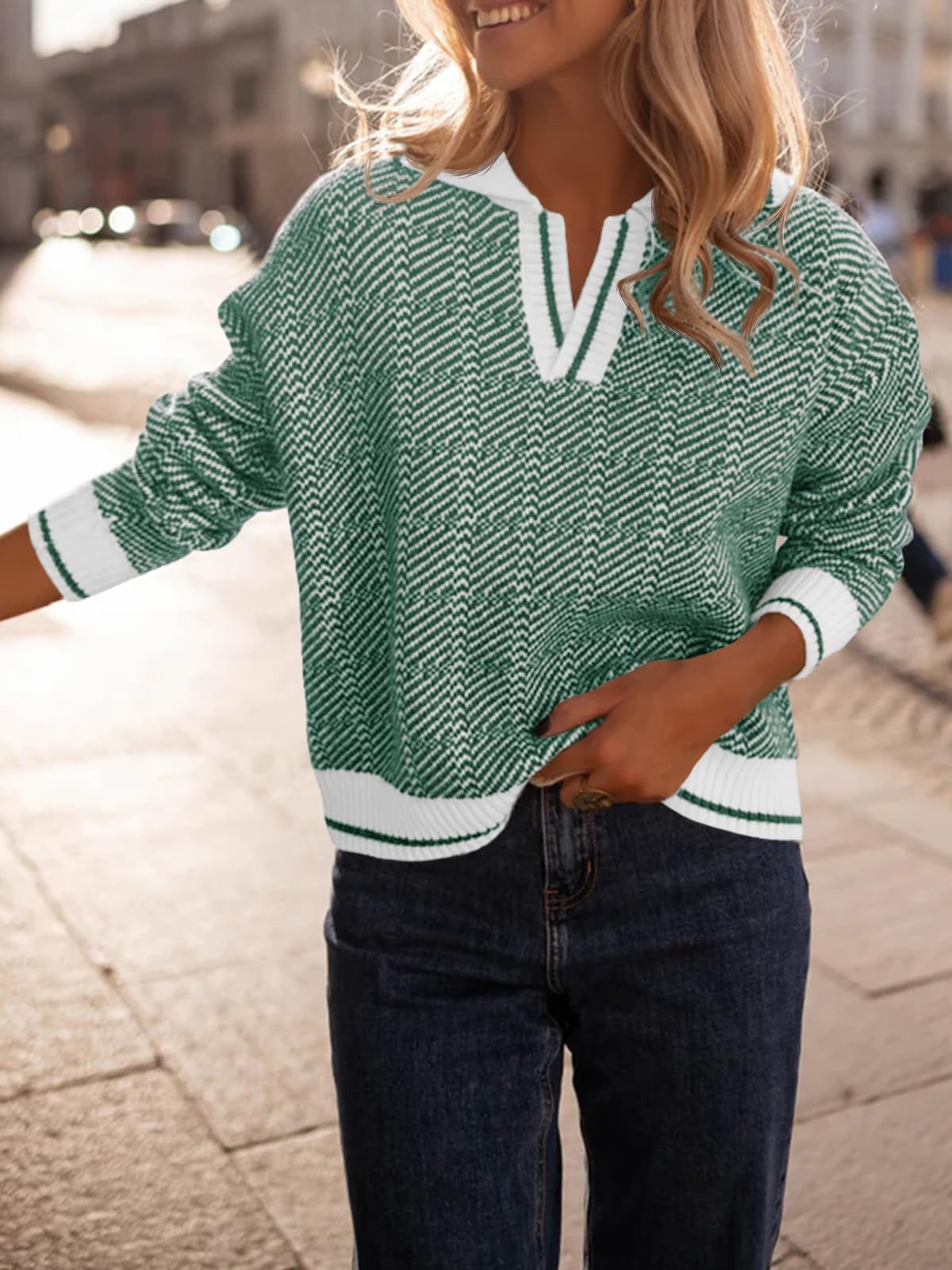 Saodimallsu Damen Herbstpullover Tops Revers V-Ausschnitt Strickpullover Farbblock Langarm Lässig Weich Pullover Shirt Grün