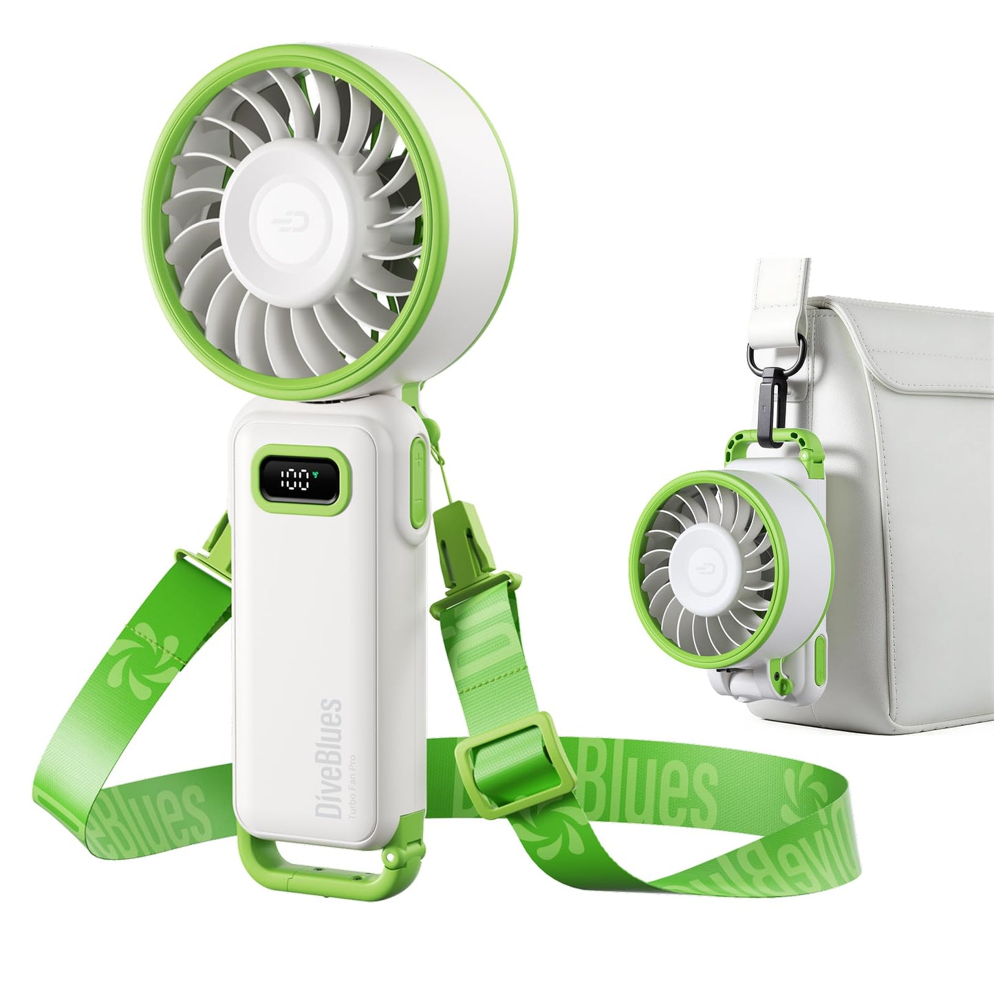 Diveblues Handventilator Tragbarer Turbo-Ventilator mit 100 Stufen und 7,4m/s Starkem Luftstrom, 180° Faltbarer 4-in-1 Mini-Ventilator für Hand, Hals und Tisch, Aufladbar für Sommer, Reise und Outdoor