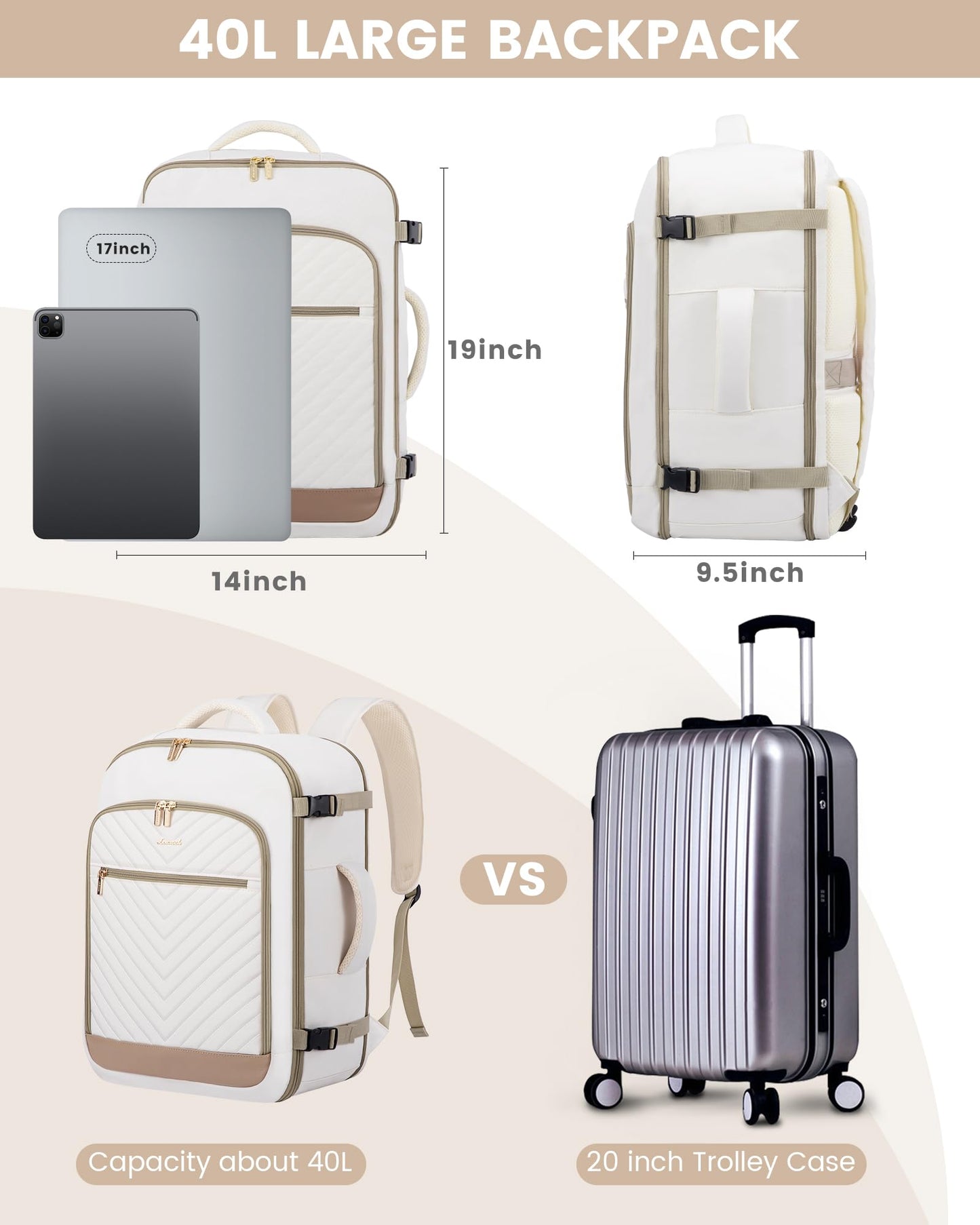 LOVEVOOK Reiserucksack für Damen, 40 l Handgepäck-Rucksack, flugtauglich, TSA-Reisetasche für persönliche Gegenstände, passend für 17-Zoll-Laptops, Business-Weekender-Tagesrucksack mit Kulturbeutel und 2 Packwürfeln