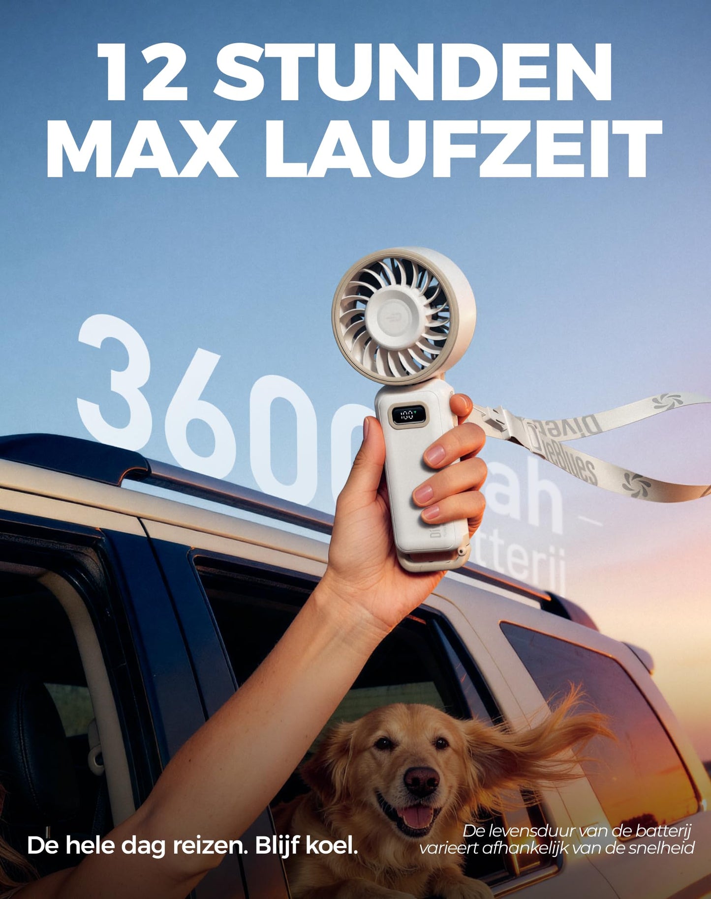 Diveblues - Handventilator Akku Aufladbar - 100 Stunfen Mini Ventilator Leistungsstarker Luftstrom mit Turbo-Technologie, 4 in 1 Tragbarer Ventilator 180° Faltbarer Bis zu 12 Stunden Kühlung