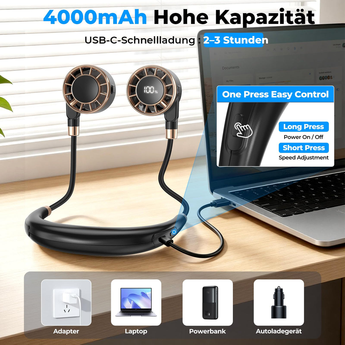 Nackenventilator, 4000mAh Tragbarer Halsventilator, 6 Stufen & 360° Luftstrom, 5-16 Stunden,Extrem Leise 10000 U/min USB Ventilator mit LED-Anzeige,Faltbarer Mini Lüfter für Freien,Reisen,Camping,Büro