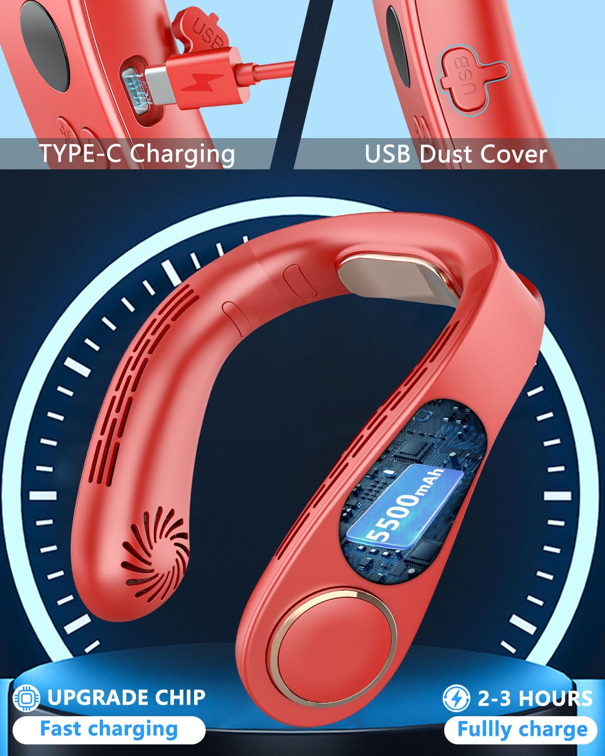 FWV Neck Fan with Cooling Plate, Quiet 30dB, 3-24Hrs Cooling,5500mAh Battery,LED Display Necklace AC Cooler, USB Bladeless Portable Personal Wearable Fans that Blow Cold Air for Men Women Kids Black