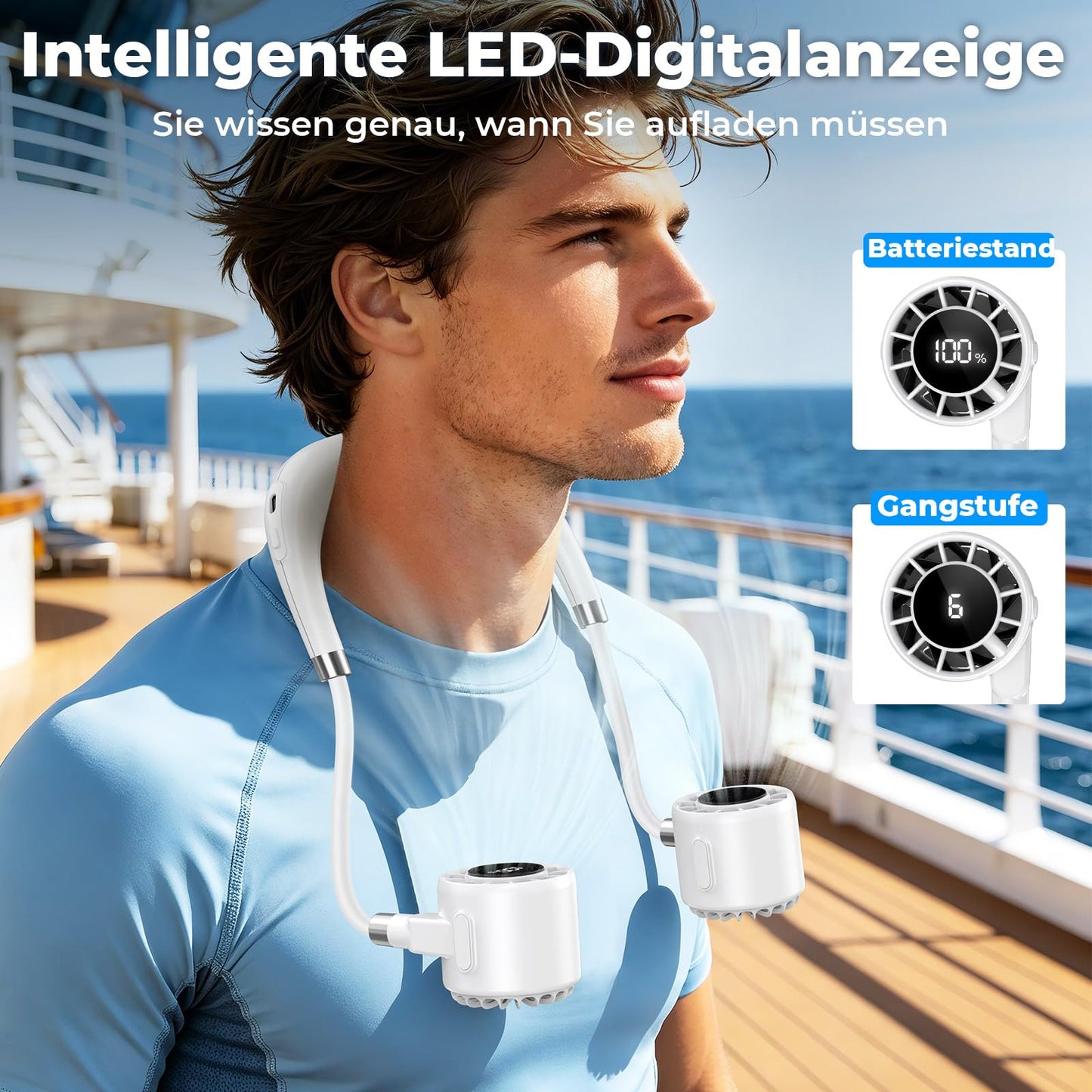 Nackenventilator, 4000mAh Tragbarer Halsventilator, 6 Stufen & 360° Luftstrom, 5-16 Stunden,Extrem Leise 10000 U/min USB Ventilator mit LED-Anzeige,Faltbarer Mini Lüfter für Freien,Reisen,Camping,Büro