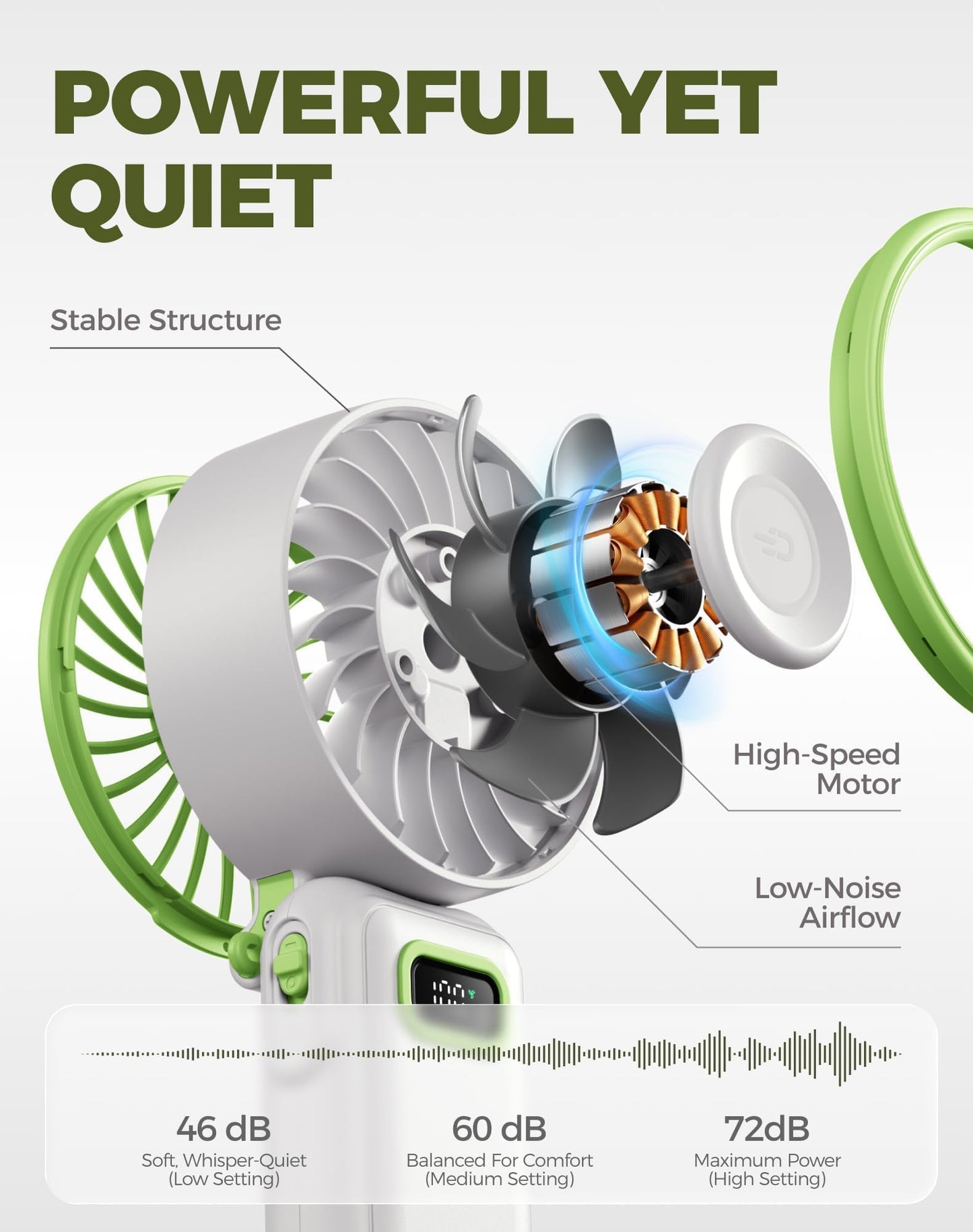 Diveblues Portable Handheld Fan D6036 Cream | 7.4m/s High Speed Turbo, 180° Foldable 4-in-1, Personal Neck Fan with Carabiner Clip, 100 Speed Stepless Control