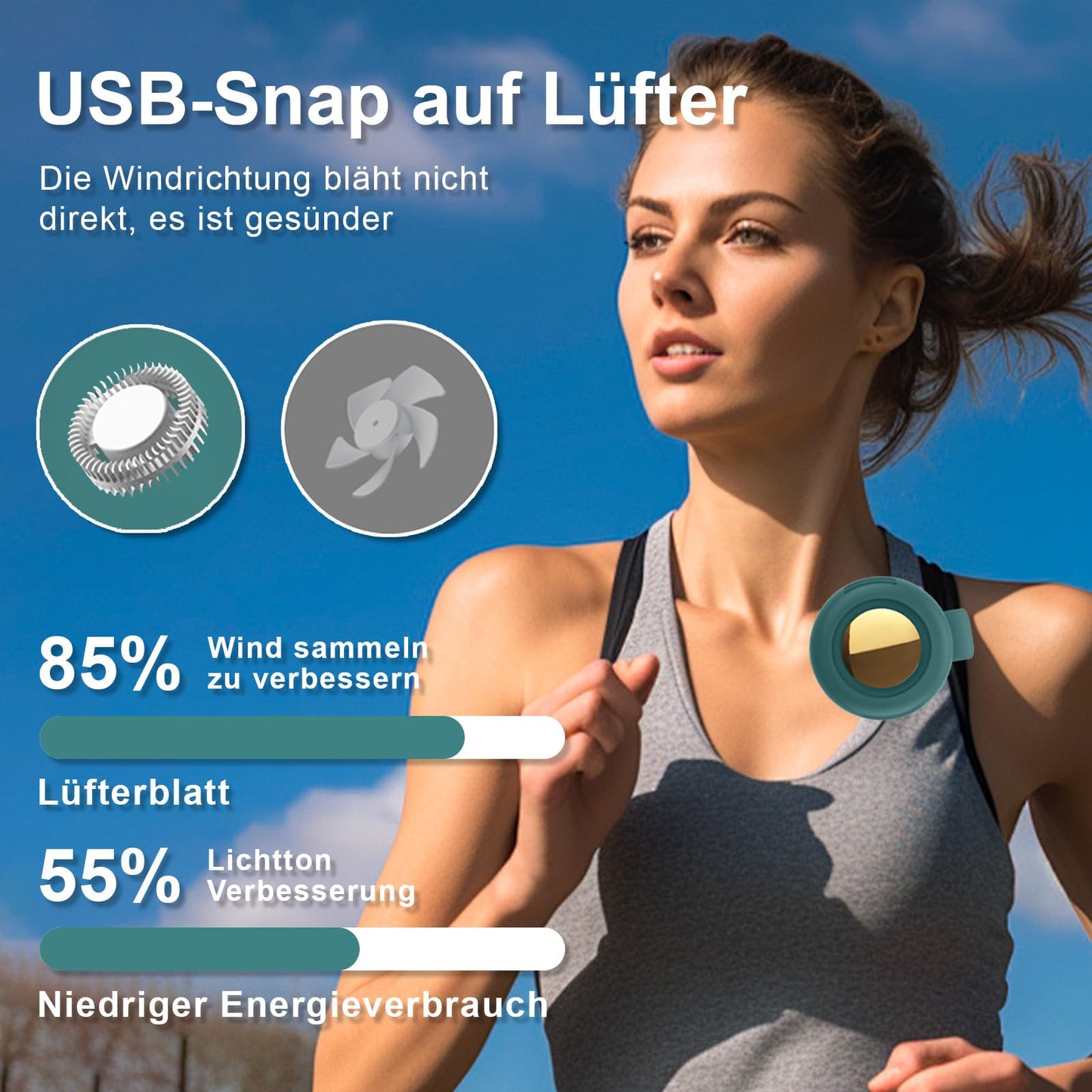 Small Clip Fan,Portable Silent Mini Bladeless Fan Clip On,Tragbarer Clip Ventilator,3 Geschwindigkeiten Mini handventilator,USB Wiederaufladbar Taillenclip-Ventilator,Für Outdoor Büro (Grün)