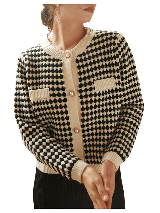 Floerns Women's Elegant Long Sleeve Geo Print Button Front Cardigan Sweater Black Small