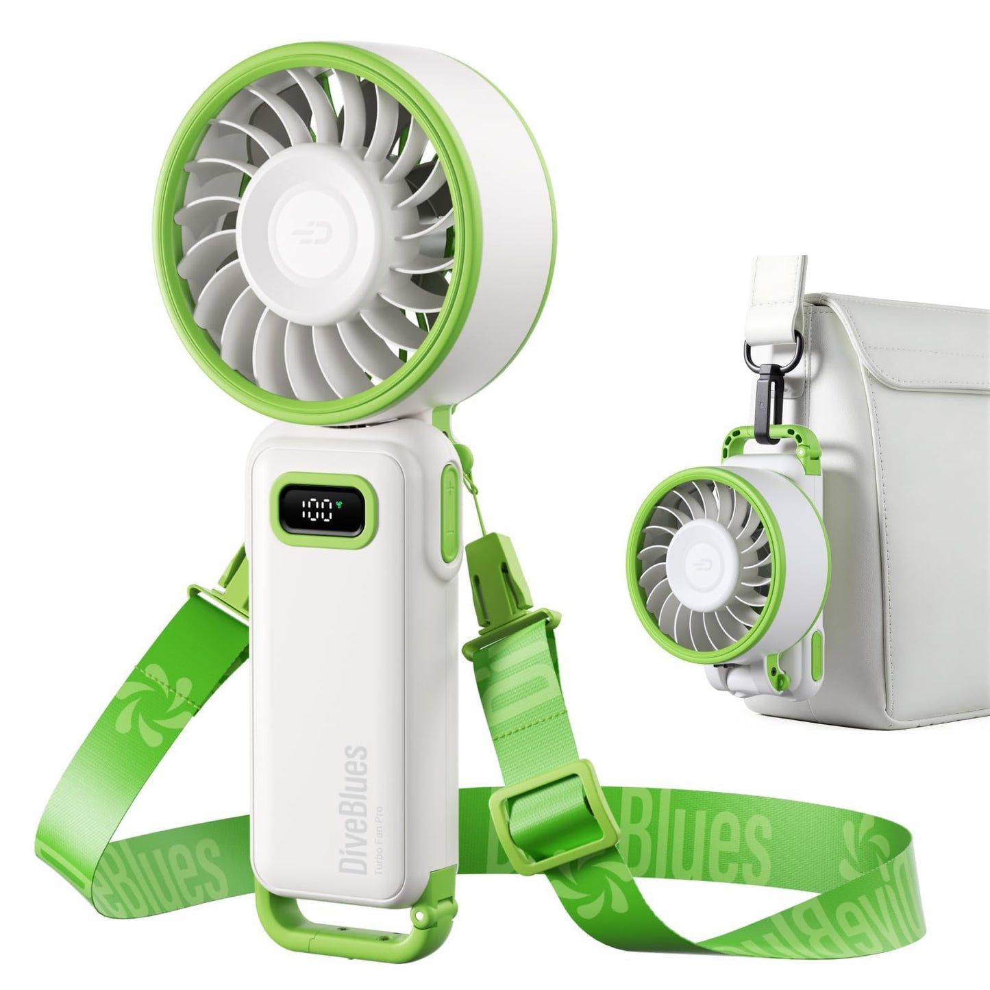 Diveblues Portable Handheld Fan D6036 Cream | 7.4m/s High Speed Turbo, 180° Foldable 4-in-1, Personal Neck Fan with Carabiner Clip, 100 Speed Stepless Control