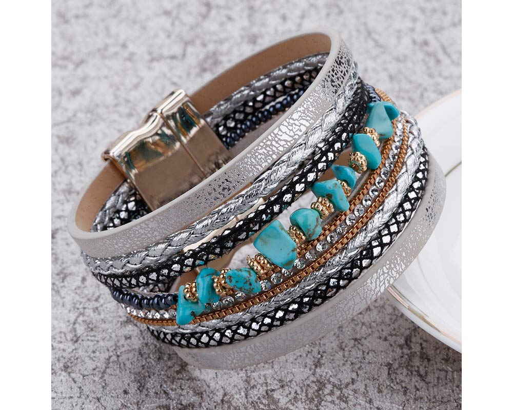 Fesciory Leder-Wickelarmbänder für Damen, Boho-Leoparden-Armband mit mehrschichtigen Kristallperlen, Manschettenarmband, Schmuck