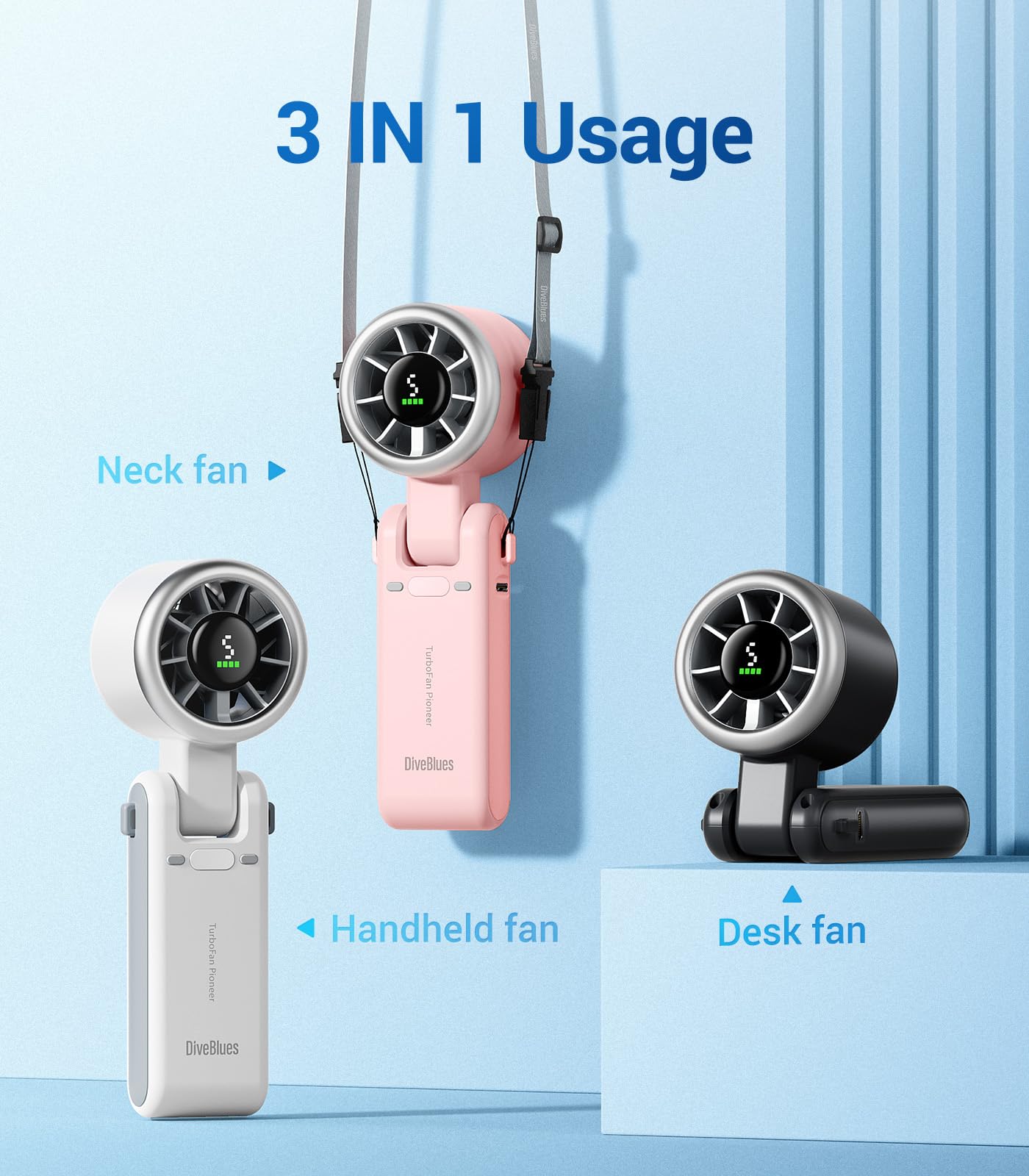 Diveblues Portable Handheld Turbo Fan, 5 Gear Wind, Battery Operated, Up to 12 Working Hours, 3 IN 1 Hand Fan with Air Turbo Tech Cooling Fan for Outdoor Activities, Travel, Working, Silvery white