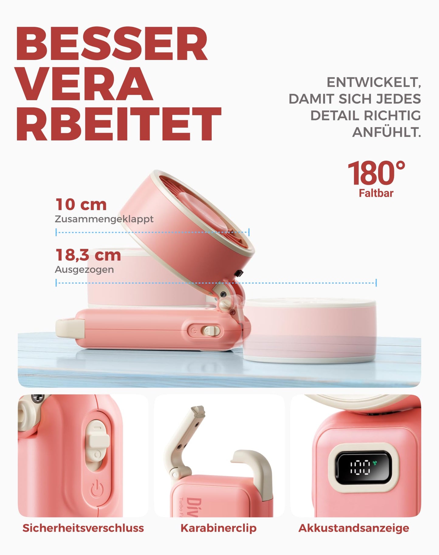 Diveblues Handventilator Tragbarer Turbo-Ventilator mit 100 Stufen und 7,4m/s Starkem Luftstrom, 180° Faltbarer 4-in-1 Mini-Ventilator für Hand, Hals und Tisch, Aufladbar für Sommer, Reise und Outdoor