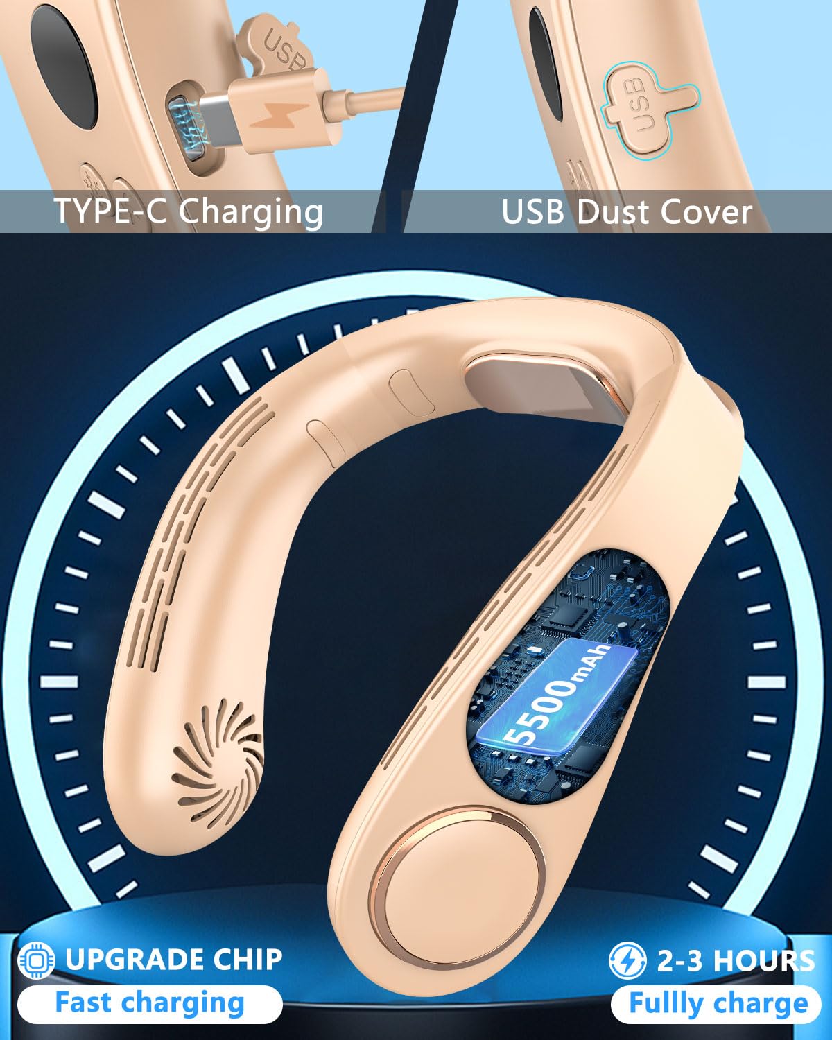 FWV Neck Fan with Cooling Plate, Quiet 30dB, 3-24Hrs Cooling,5500mAh Battery,LED Display Necklace AC Cooler, USB Bladeless Portable Personal Wearable Fans that Blow Cold Air for Men Women Kids Black