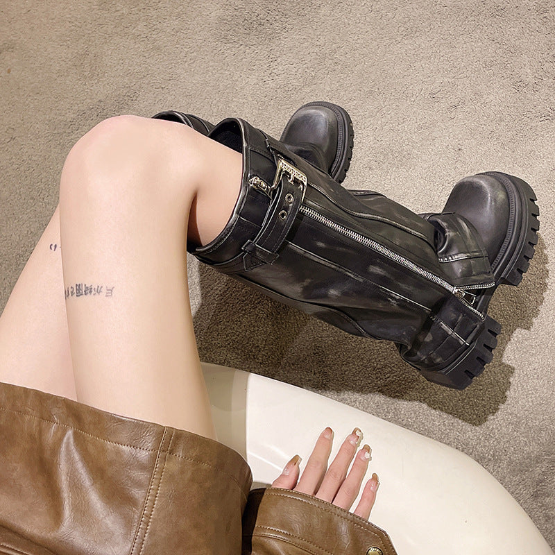 Heavy Industry Reißverschluss High-Top Rundkopf Dicke Sohle Unterhalb des Knies Stiefel Damenschuhe