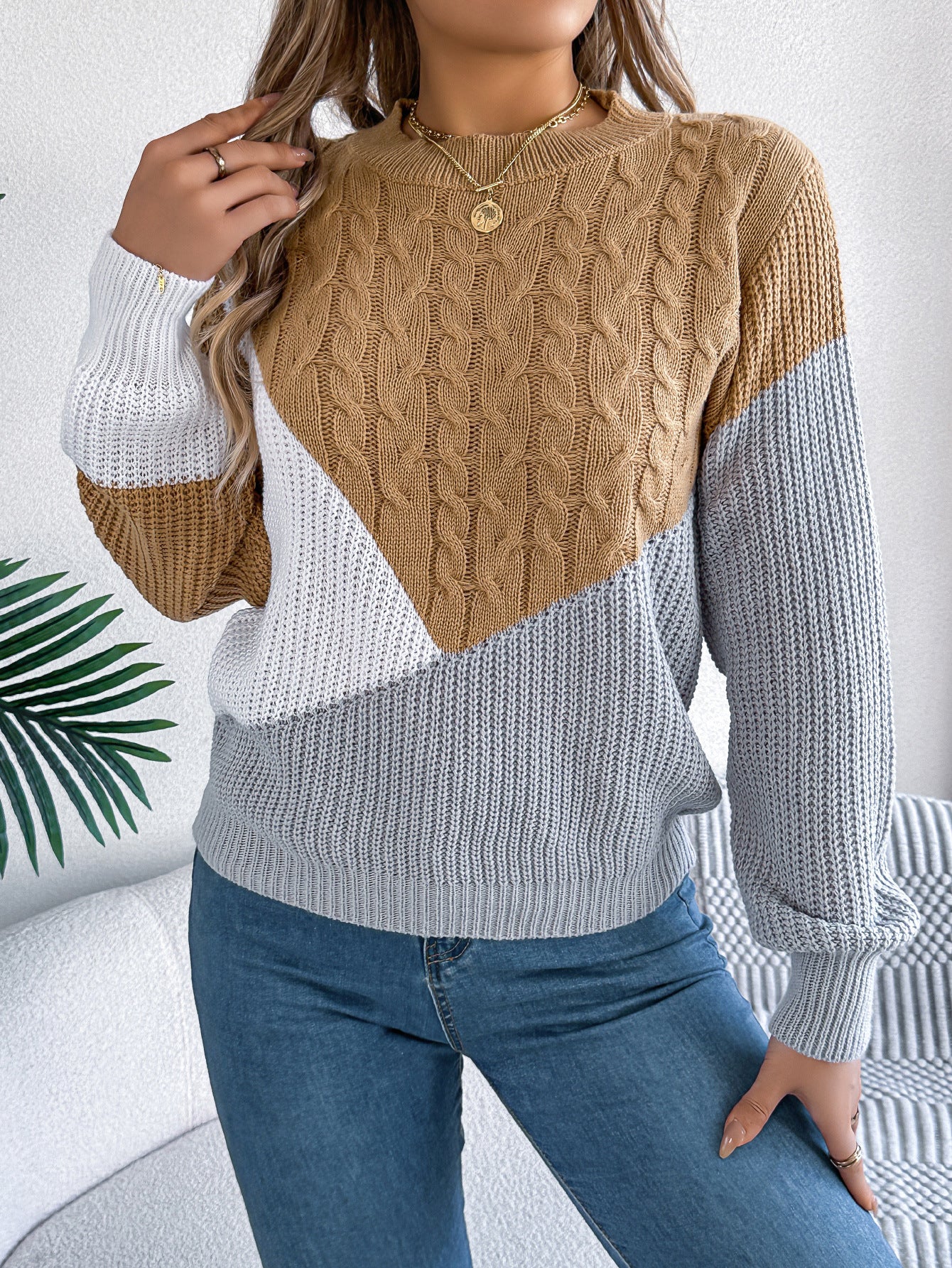 Pullover mit kontrastierender Farbe und langen Ärmeln für Damen