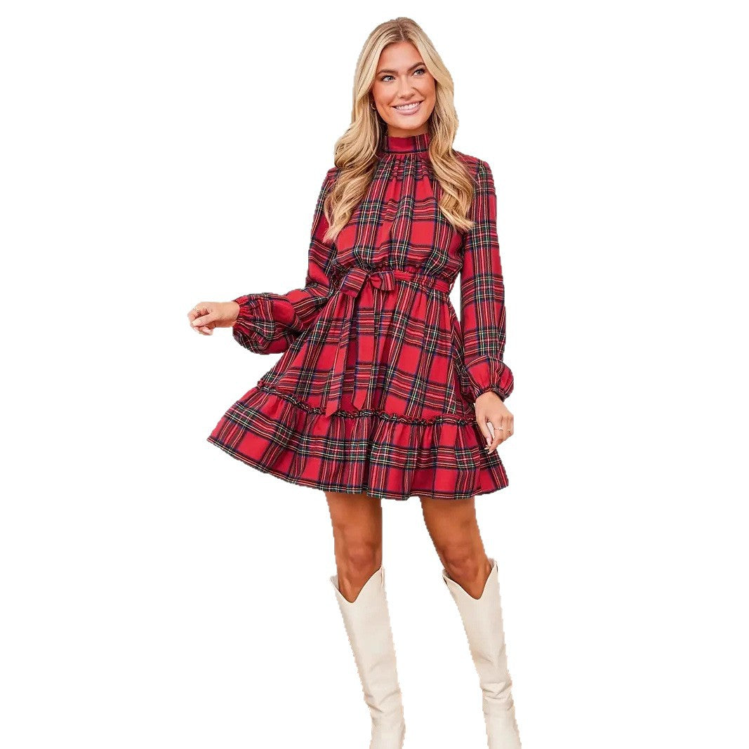 Grid V-neck Puff Sleeve Ruffled Hem Tie-waist Dress