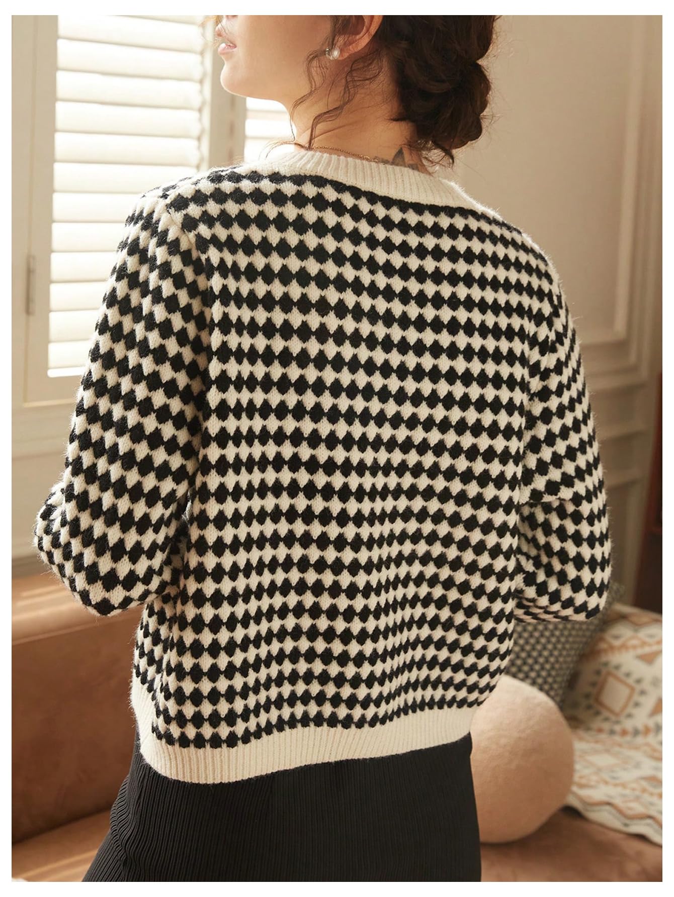 Floerns Women's Elegant Long Sleeve Geo Print Button Front Cardigan Sweater Black Small