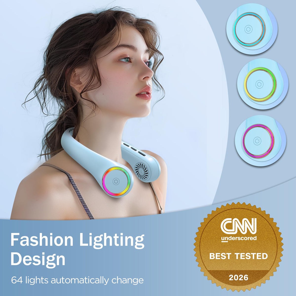 Neck fan, Portable Fan with 5-17H Lifespan, 4000mAh Neck fan air conditioner with 3 Adjustable Speeds and 64 Cool Lights, Rechargeable Neck Fan, Hands-Free Cooling fan for Summer (Black)