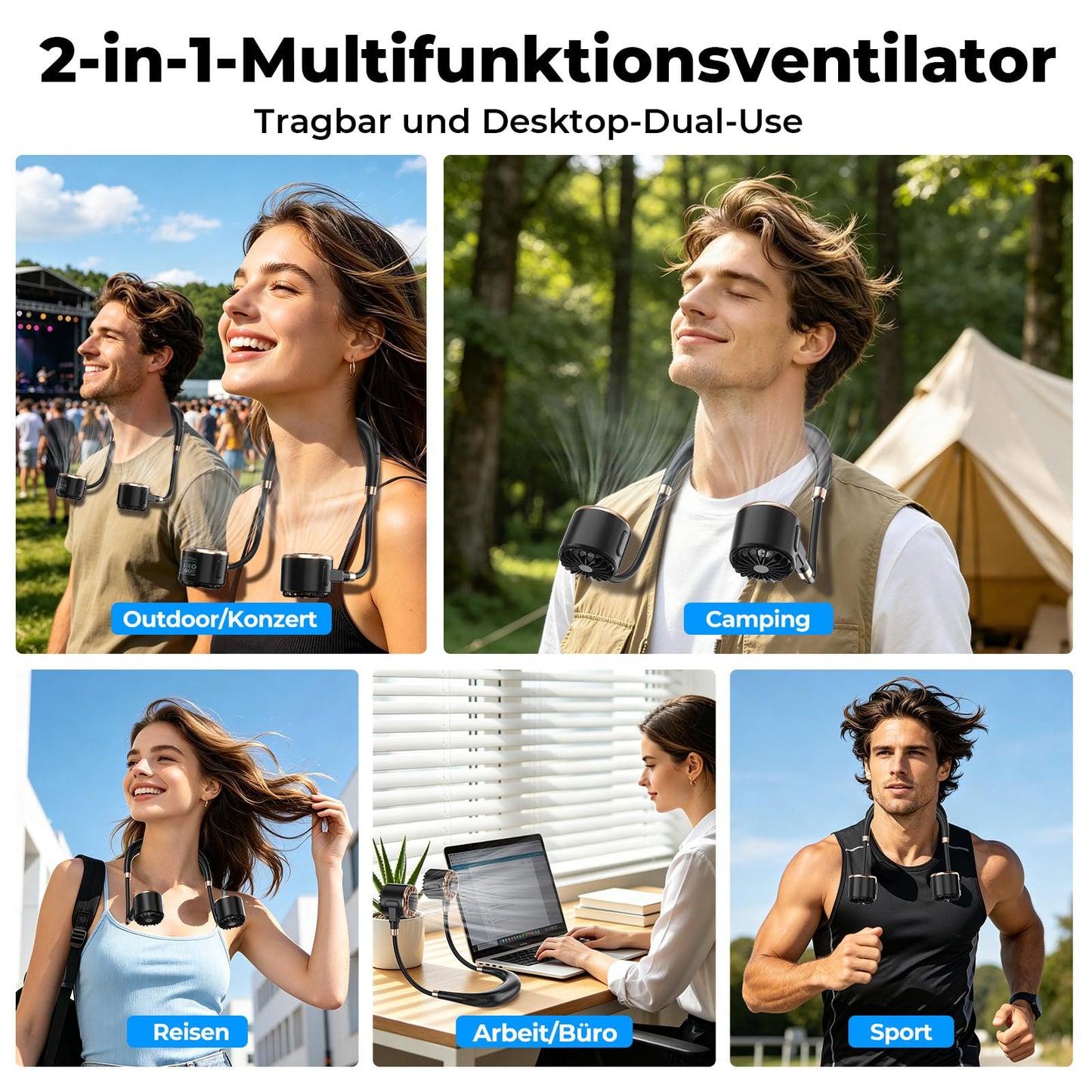Nackenventilator, 4000mAh Tragbarer Halsventilator, 6 Stufen & 360° Luftstrom, 5-16 Stunden,Extrem Leise 10000 U/min USB Ventilator mit LED-Anzeige,Faltbarer Mini Lüfter für Freien,Reisen,Camping,Büro