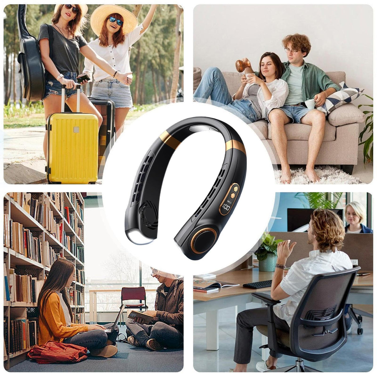 Tragbarer Nackenventilator, leises Belüftungswerkzeug, wiederaufladbar, 5 Geschwindigkeitsstufen, tragbarer Schulterventilator mit Display und 7-farbigem LED-Licht, für Sommer, Reisen