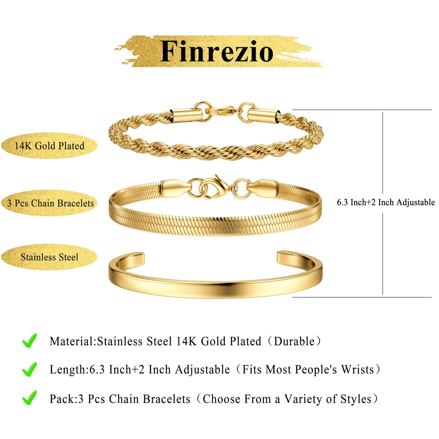 Finrezio 3-5 Stück Armband Damen Gold 14 Karat Vergoldet Stapelarmbänder Edelstahl Figaro Perlen Ketten Armbänder Verstellbare Armband Set Wasserdichter Gold Schmuck für Damen