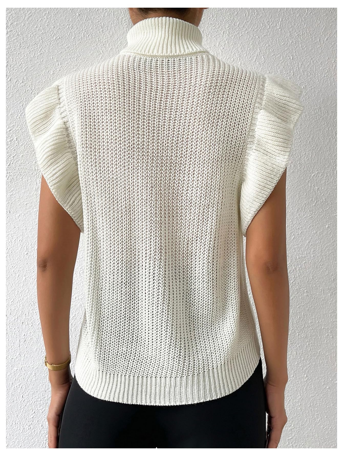Floerns Women's Ruffle Trim Cable Knit Sweater Vest Turtleneck Sleeveless Tank Tops Beige Medium