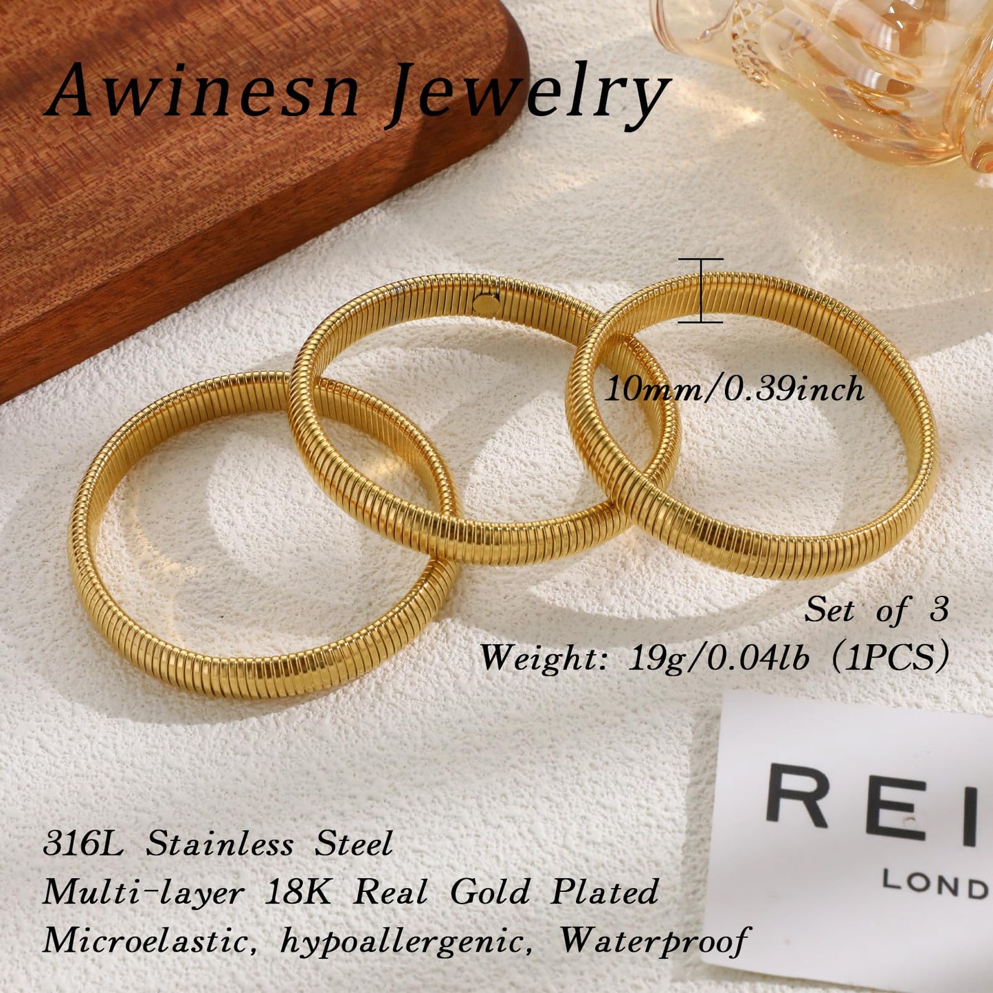Awinesn Goldarmreifen für Damen, klobige, dehnbare Armreifen, Armband-Set, 18 Karat vergoldete Edelstahl-Gliederketten-Armbänder, flexible, breite Armbänder, 3er-Set, Schmuck für Damen