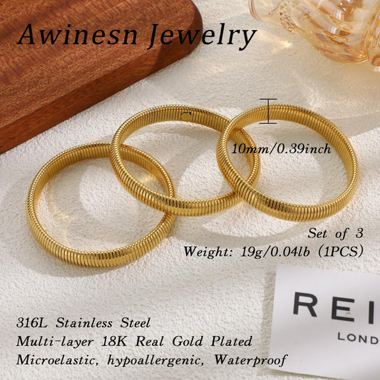 Awinesn Goldarmreifen für Damen, klobige, dehnbare Armreifen, Armband-Set, 18 Karat vergoldete Edelstahl-Gliederketten-Armbänder, flexible, breite Armbänder, 3er-Set, Schmuck für Damen