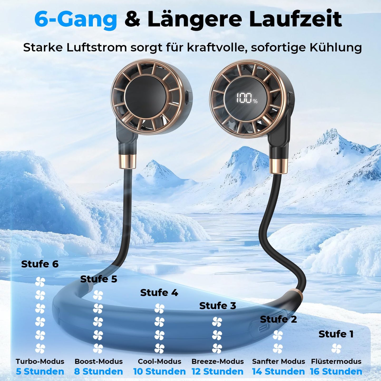 Nackenventilator, 4000mAh Tragbarer Halsventilator, 6 Stufen & 360° Luftstrom, 5-16 Stunden,Extrem Leise 10000 U/min USB Ventilator mit LED-Anzeige,Faltbarer Mini Lüfter für Freien,Reisen,Camping,Büro