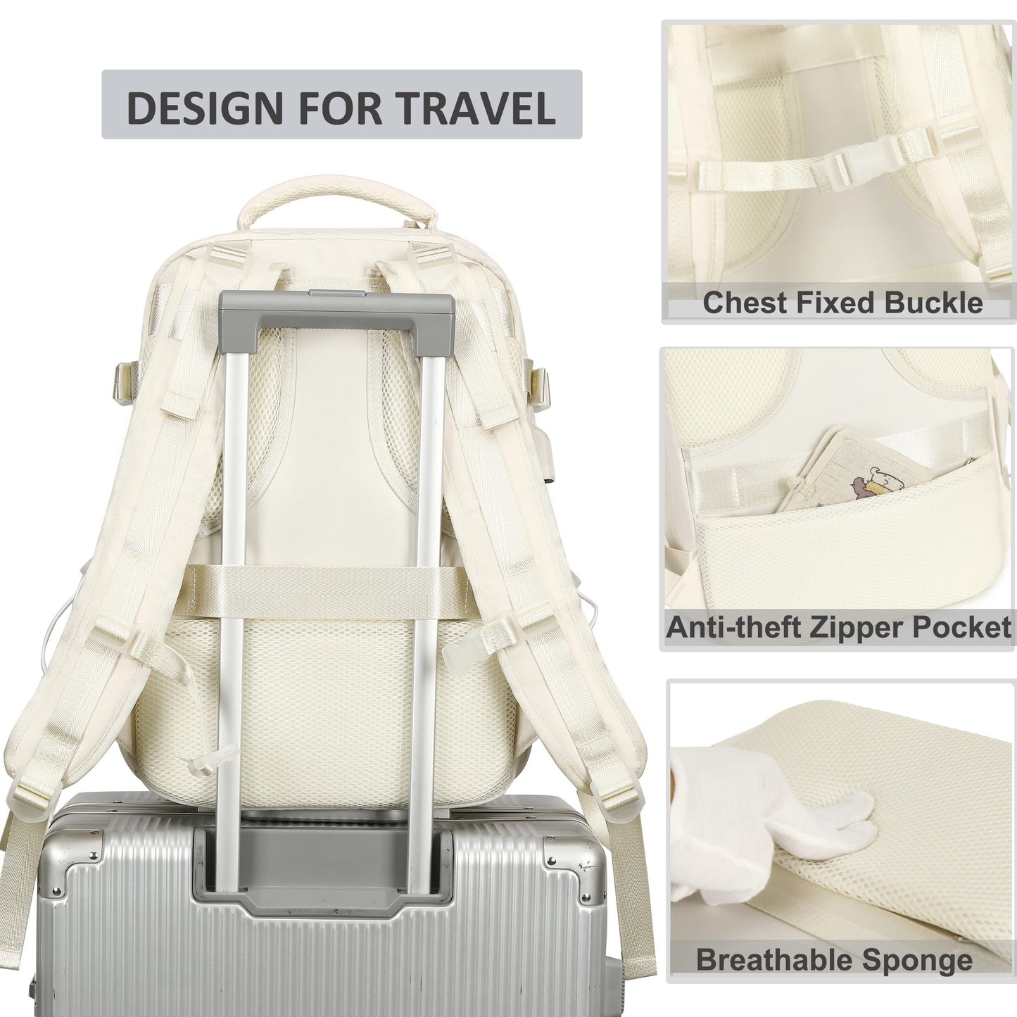 Reiserucksack für Damen und Herren, 15,6-Zoll-Laptop-Rucksäcke mit USB-Anschluss, Handgepäck-Rucksack, flugzugelassen, großer Rucksack, College-Büchertasche, Outdoor-Sport-Wanderrucksack, lässiger Tagesrucksack (weiß)