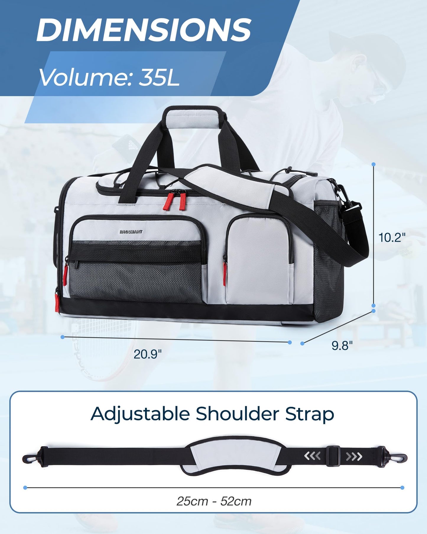 BAGSMART Gym Bag for Women & Men, 35L Sports Travel Duffel Bag with Shoe Compartment，Anti-Theft Carry On Weekender Bag for Airplane, Water Resistant Workout Overnight Backpack for Travel Gym,Grey