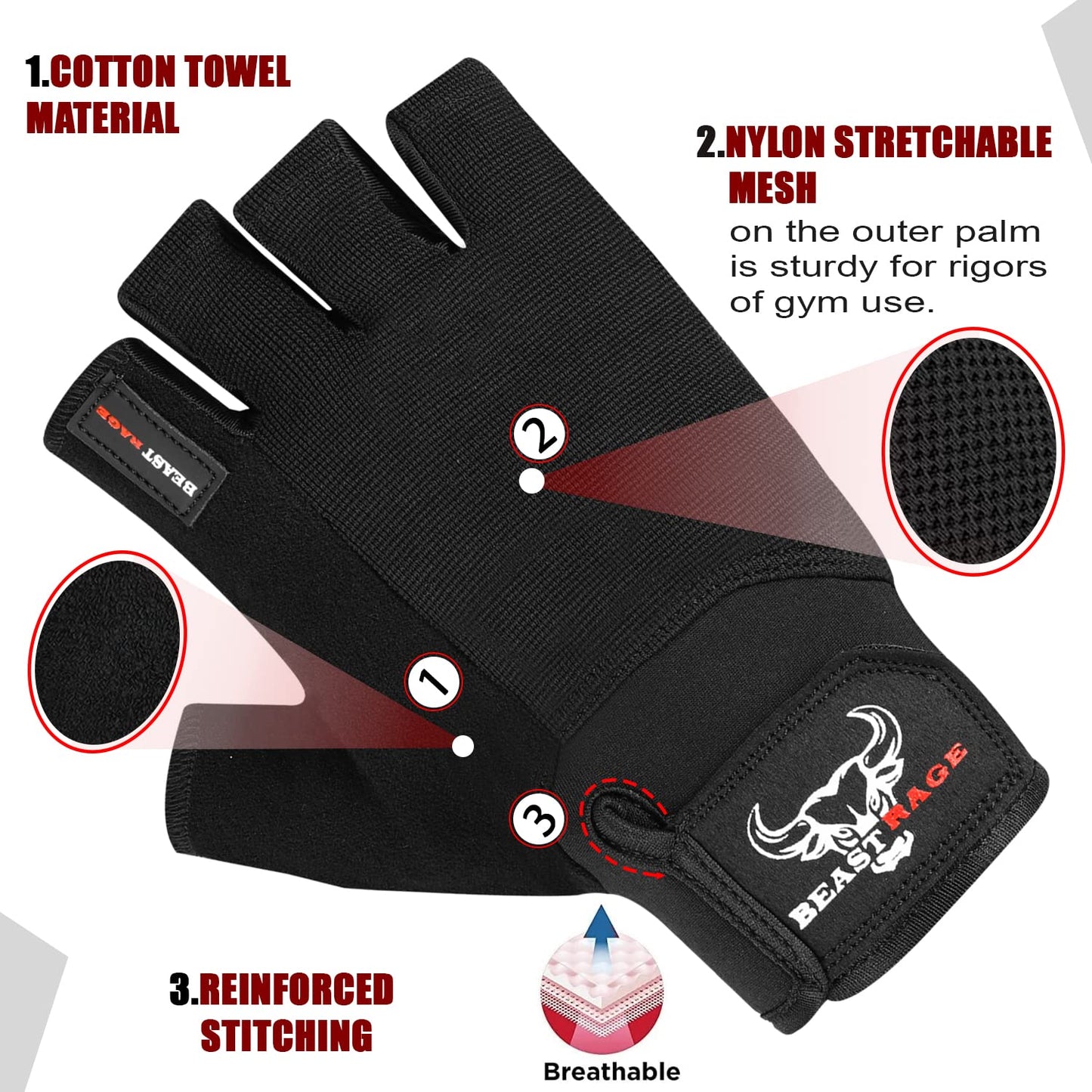 BEAST RAGE Fitness-Handschuhe für Training, rutschfest,gepolsterte Handfläche,Halbfinger-Workout,Gewichtheben-Handschuhe, Radfahren, Crossfit,Krafttraining (Black, L)