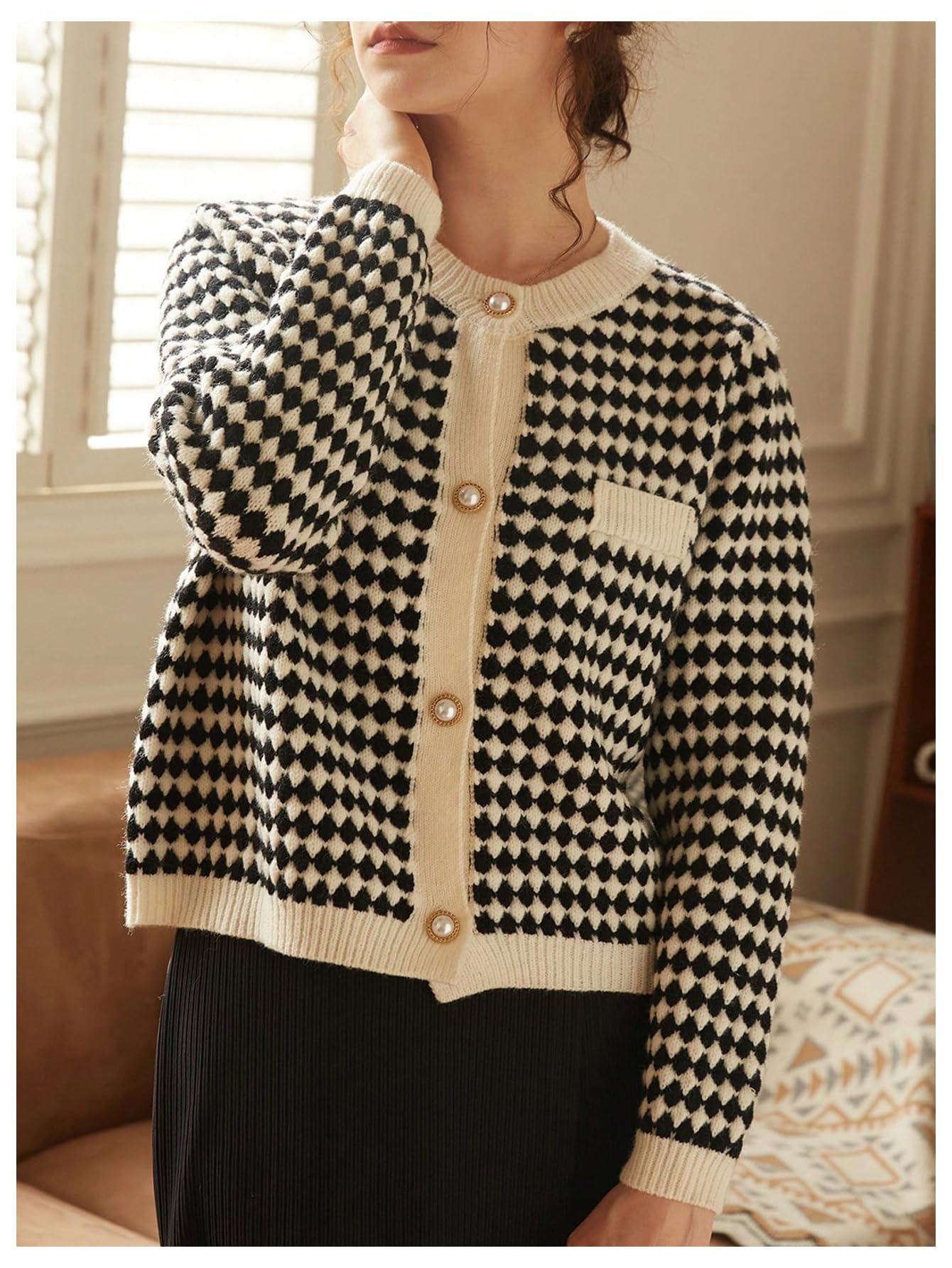 Floerns Women's Elegant Long Sleeve Geo Print Button Front Cardigan Sweater Black Small