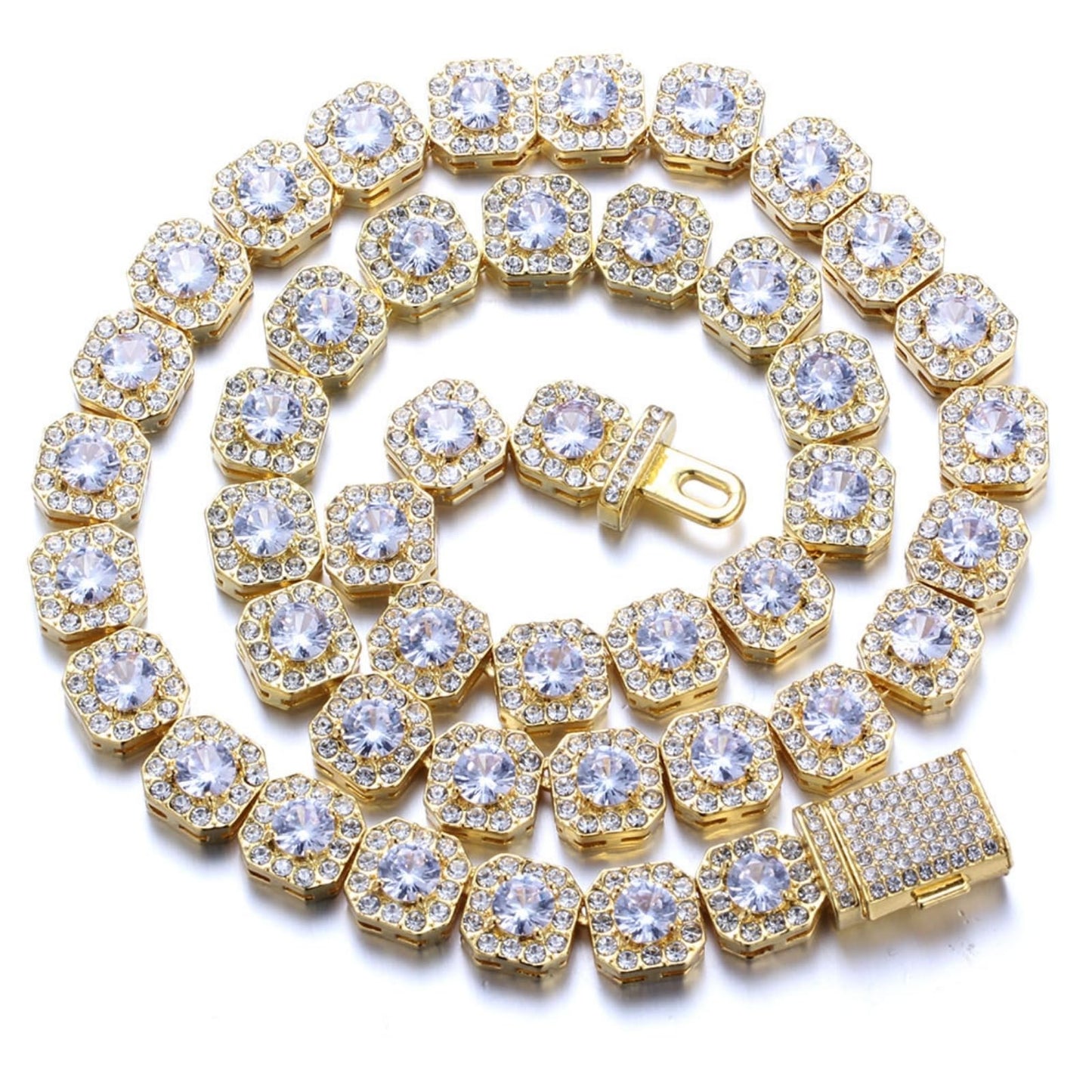 Halukakah Herren Premium Diamantverschluss Geclusterte Diamanten-Tenniskette - Halskette mit 18 Karat Echtgoldplattierung 50cm - Handgefasste quadratische Labordiamanten - Glänzen Sie bei jedem Anlass