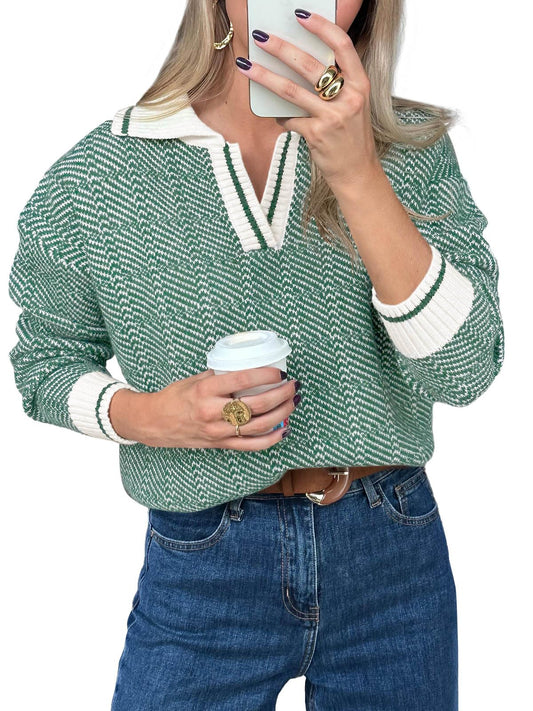 Saodimallsu Damen Herbstpullover Tops Revers V-Ausschnitt Strickpullover Farbblock Langarm Lässig Weich Pullover Shirt Grün