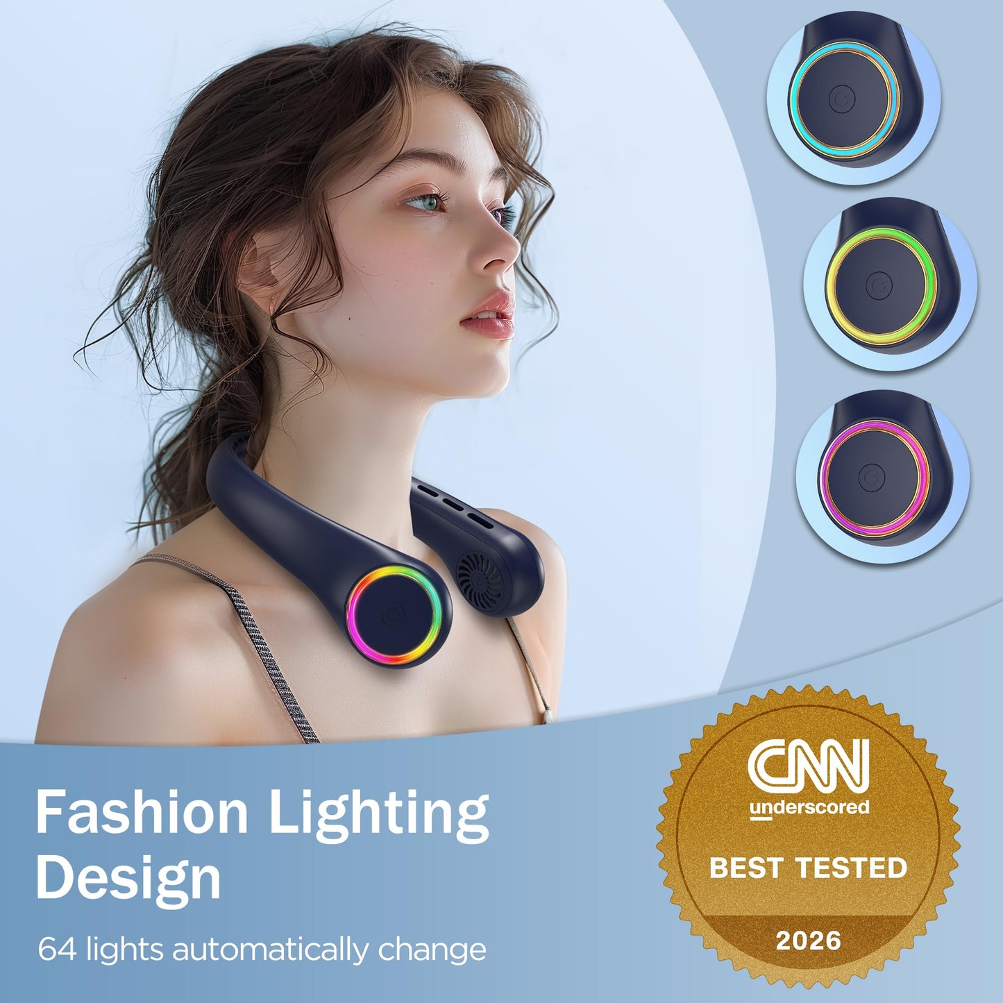 Neck fan, Portable Fan with 5-17H Lifespan, 4000mAh Neck fan air conditioner with 3 Adjustable Speeds and 64 Cool Lights, Rechargeable Neck Fan, Hands-Free Cooling fan for Summer (Black)