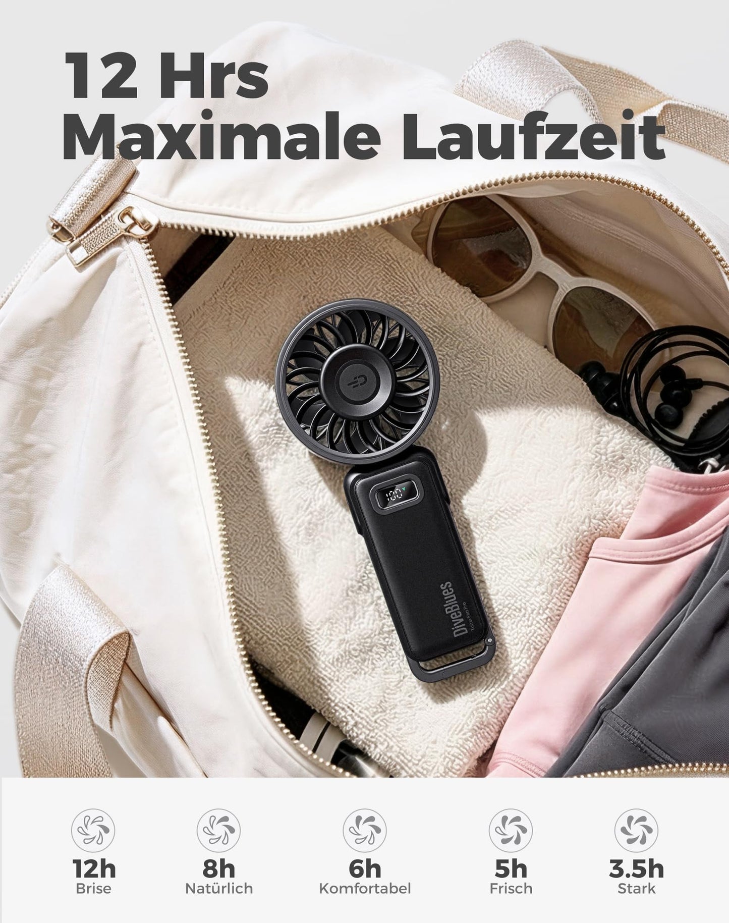 Diveblues - Handventilator Akku Aufladbar - 100 Stunfen Mini Ventilator Leistungsstarker Luftstrom mit Turbo-Technologie, 4 in 1 Tragbarer Ventilator 180° Faltbarer Bis zu 12 Stunden Kühlung