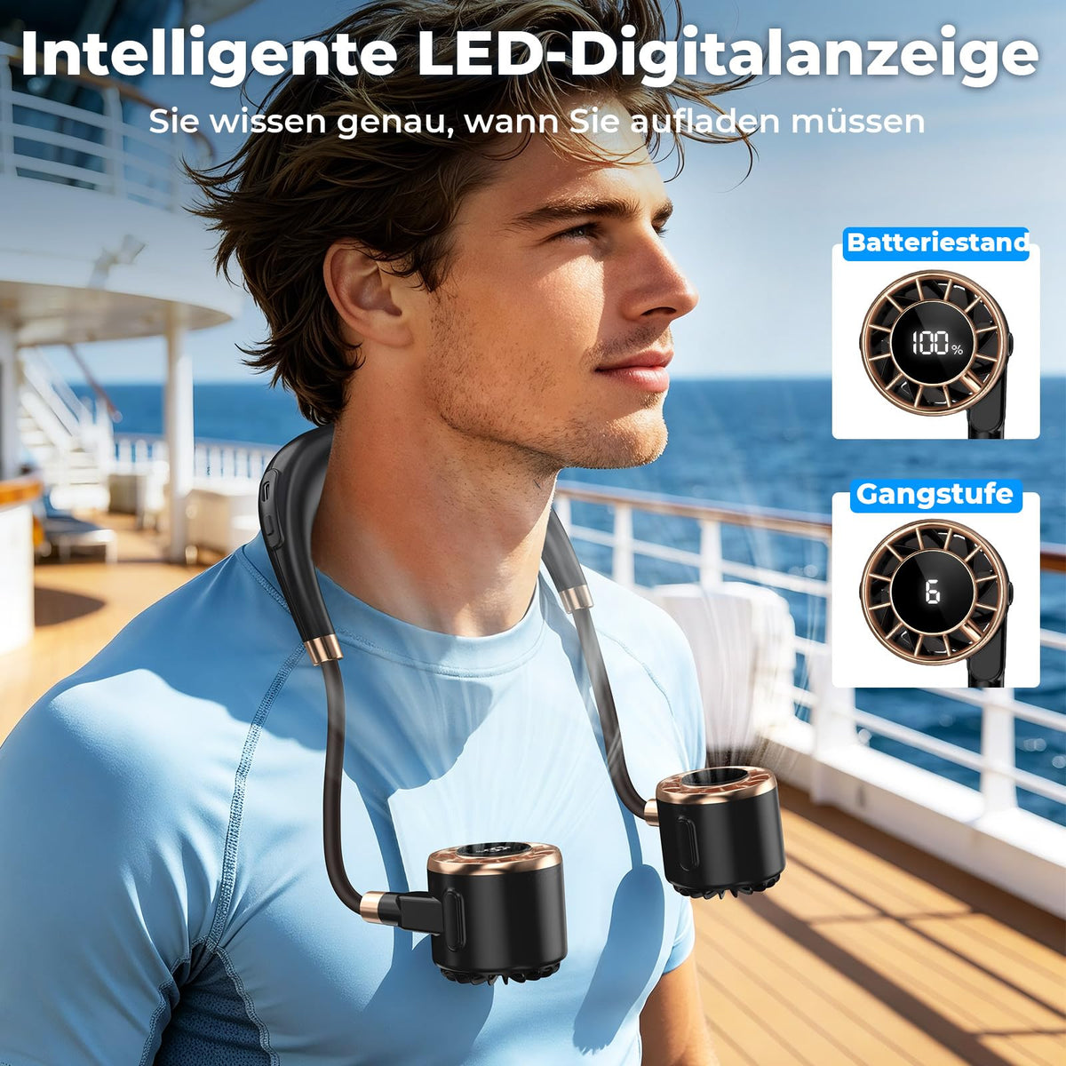 Nackenventilator, 4000mAh Tragbarer Halsventilator, 6 Stufen & 360° Luftstrom, 5-16 Stunden,Extrem Leise 10000 U/min USB Ventilator mit LED-Anzeige,Faltbarer Mini Lüfter für Freien,Reisen,Camping,Büro