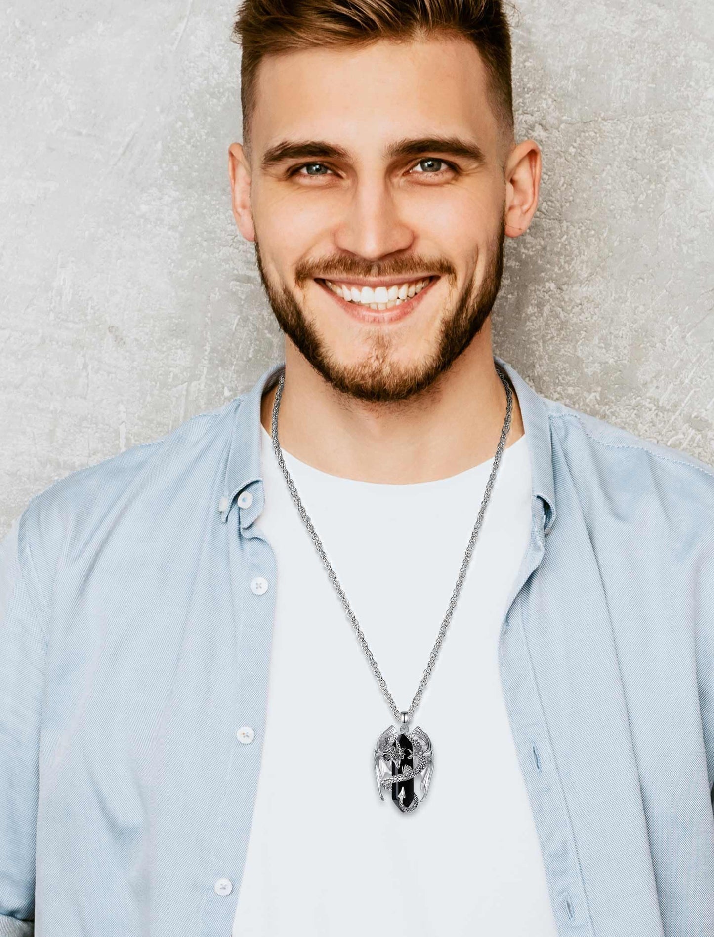 INFUSEU Drachen Kette, Kristall Halskette Nordischer Drache Eingewickelter Zylinder Edelstein Schwarzer Vintage Obsidian Anhänger Sechseckiger Heilkristall Gothic Geschenk für Männer Frauen