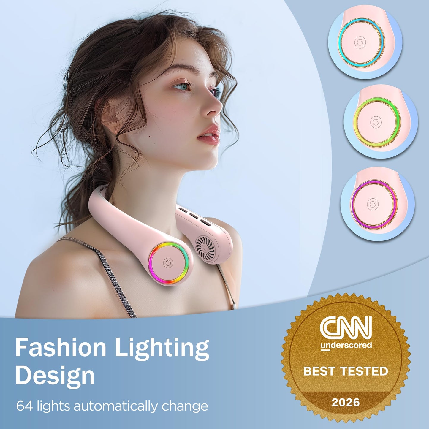 Neck fan, Portable Fan with 5-17H Lifespan, 4000mAh Neck fan air conditioner with 3 Adjustable Speeds and 64 Cool Lights, Rechargeable Neck Fan, Hands-Free Cooling fan for Summer (Black)