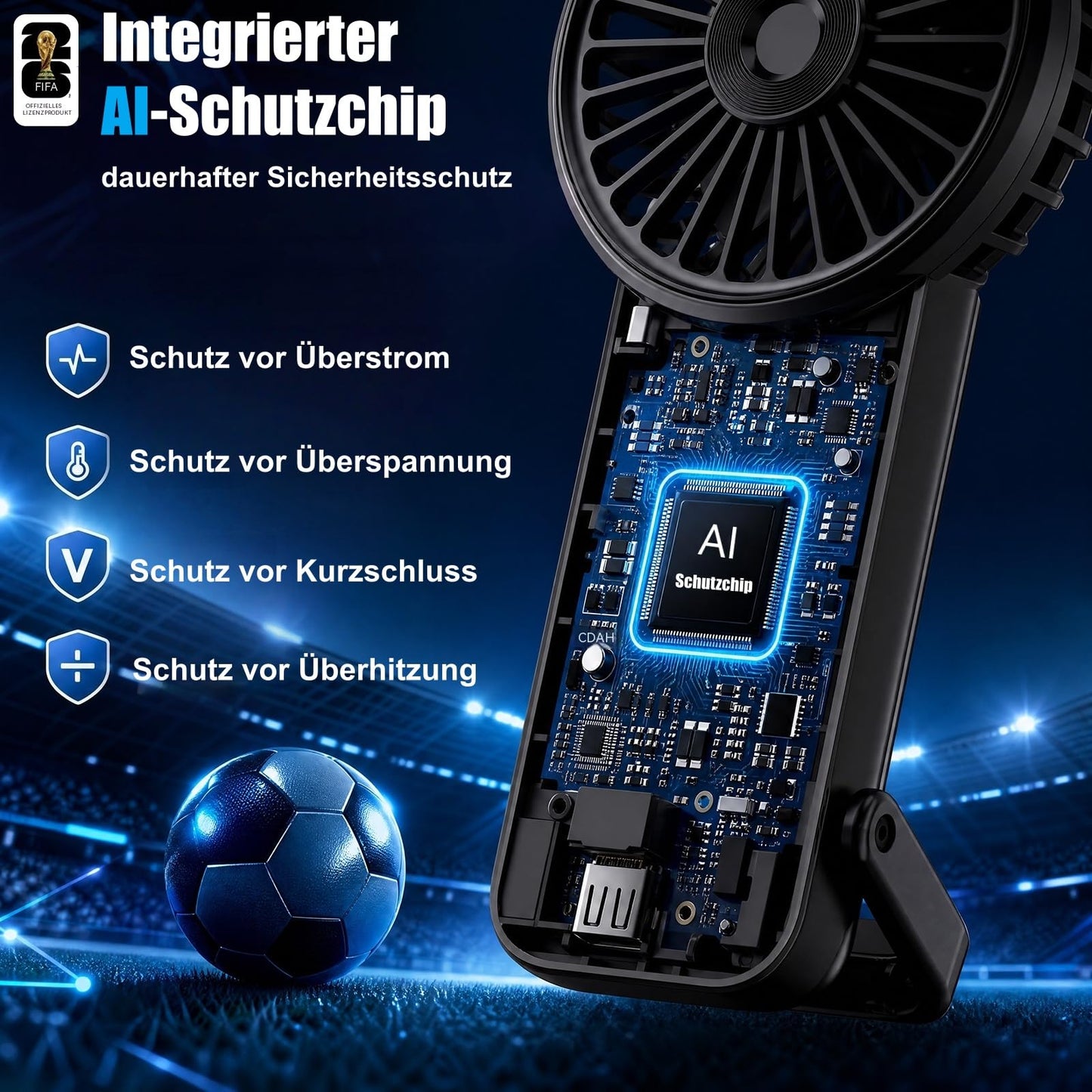 FIFA WM 2026 lizenzierter Hand-Turbo-Ventilator, tragbar mit 5 Stufen, 4.000mAh Akku, LED-Anzeige & Taschenlampe, Tisch-/Aufhängefunktion, Fußball Geschenk (Schwarz)
