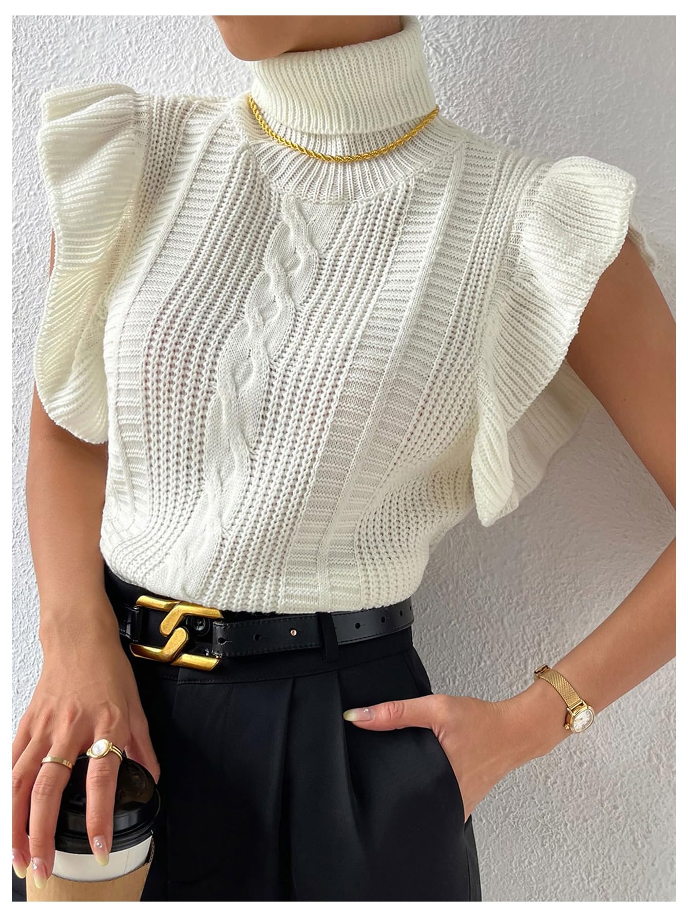 Floerns Women's Ruffle Trim Cable Knit Sweater Vest Turtleneck Sleeveless Tank Tops Beige Medium